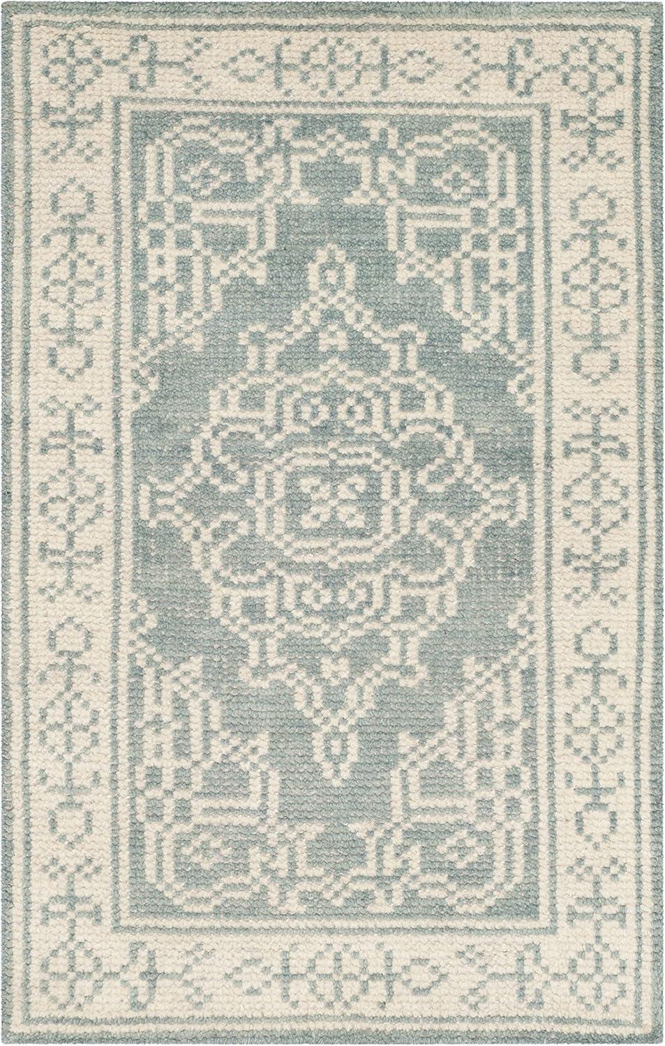 Bohemian Blue Floral Hand-Knotted Wool Area Rug - 2' x 3'