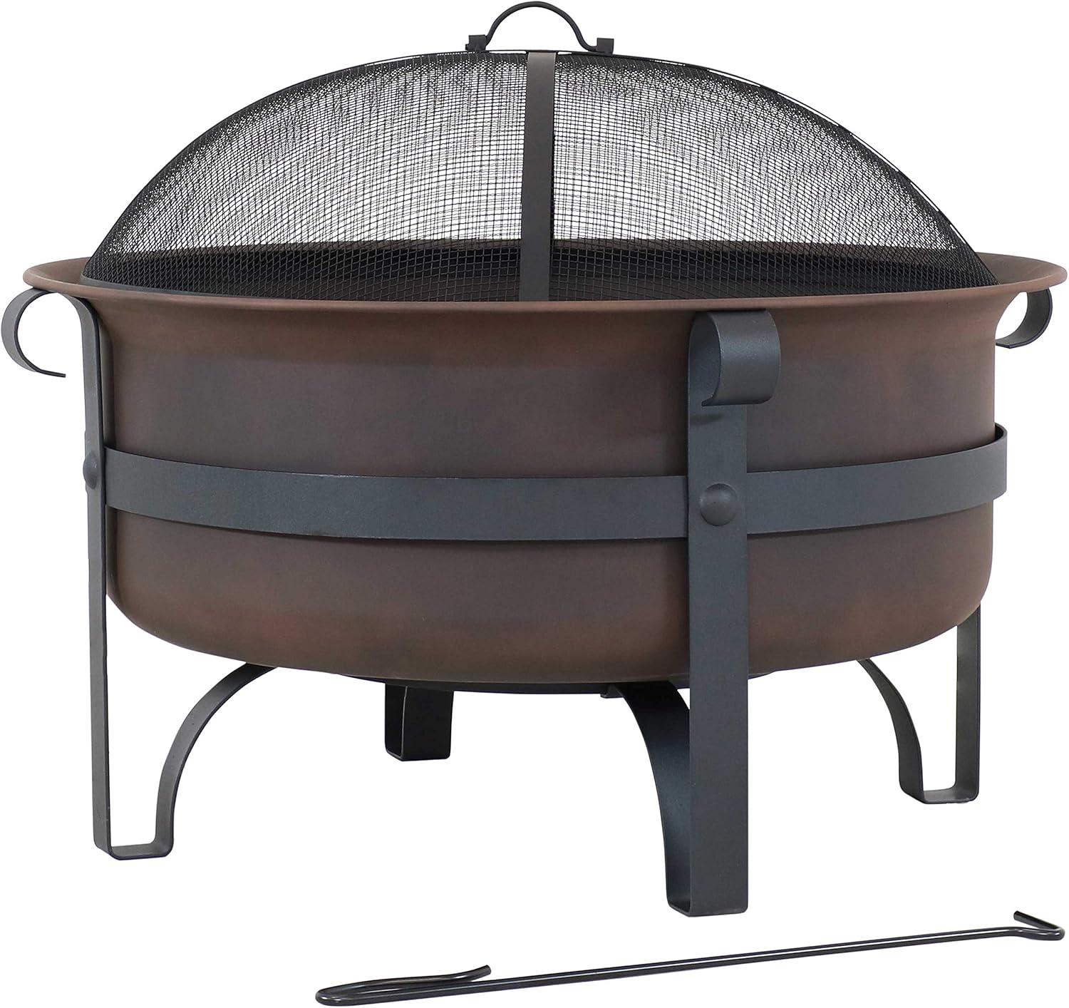 Sunnydaze Outdoor Camping or Backyard Large Round Cauldron Fire Pit Bowl with Log Poker and Spark Screen - 29"