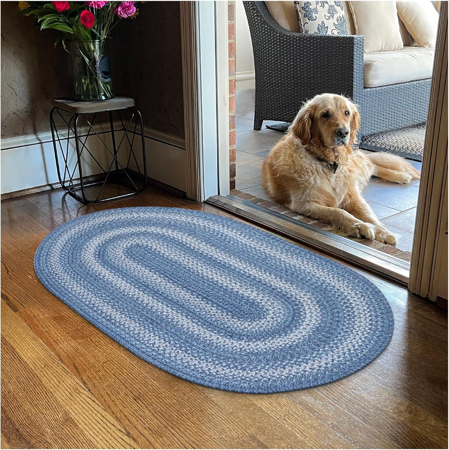 Homespice Denim Jute Blue Braided Rug for Living Room, Bedroom Rug, Dining Room and Pet Friendly.