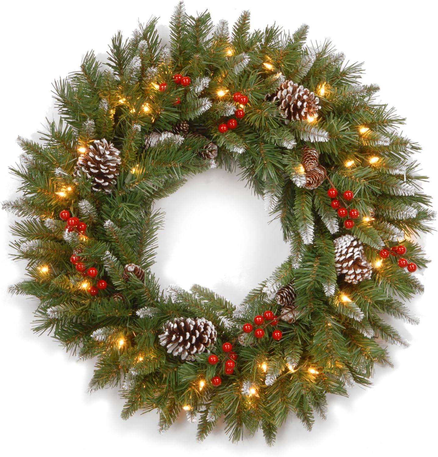 30" Prelit Flocked Christmas Wreath with Berries and Pinecones White Lights - National Tree Company