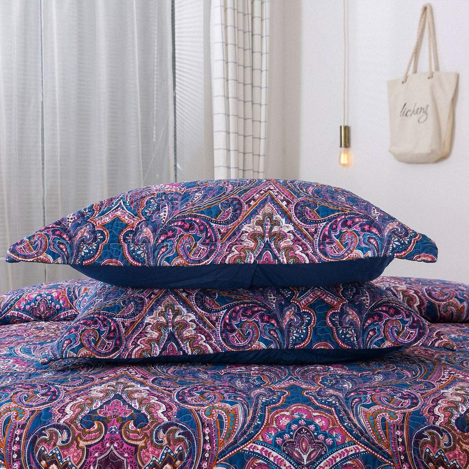 NEWLAKE Cotton Bedspread King Quilt Sets, Purple Classic Floral Pattern