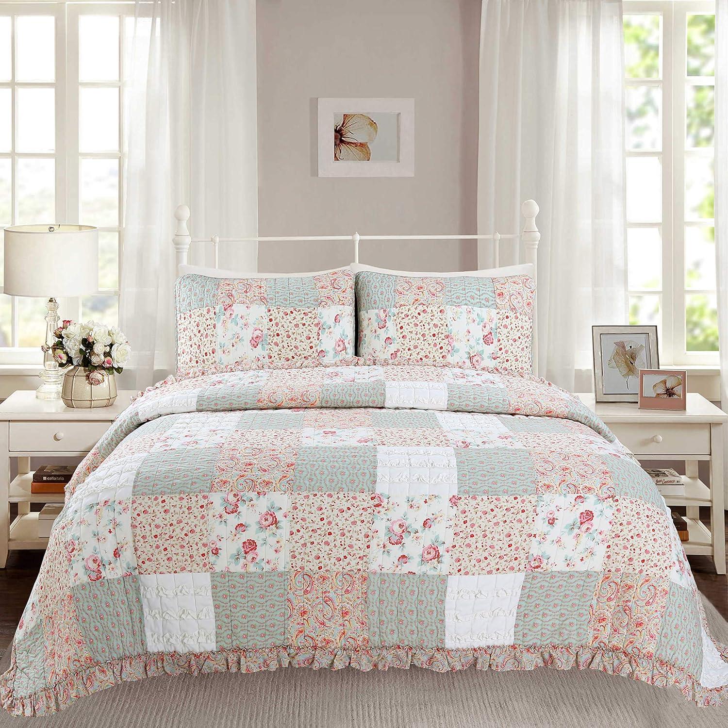 Cozy Line Home Fashions 100% Cotton Real Patchwork Floral Coral Pink Ruffled Shabby Chic Girly Reversible Quilt Bedding Set, Coverlet Bedspread (Sweet Roses, King - 3 Piece)