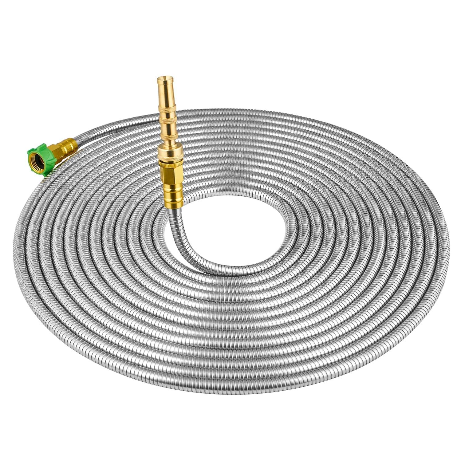 SKYWARD 304 Stainless Steel Garden Hose with Brass Garden Hose Nozzle, Anti-Leakage, Flexible & Lightweight Kink Free Water Hose, Easy to Use & Store (100ft)
