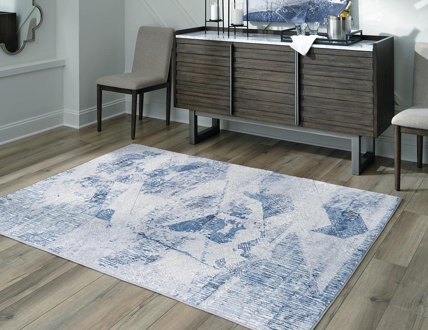 Large Blue and Gray Abstract Faux Fur Area Rug