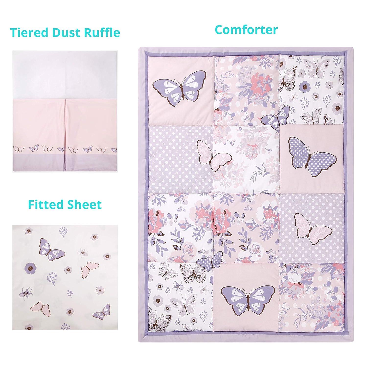 La Premura 3-Piece Purple Butterfly Baby Crib Bedding Set for Girls, Lilac Standard Size Crib Set for Baby Girl, Comforter, Fitted Sheet, and Dust Ruffle Skirt, Baby Nursery Floral Design for Girls
