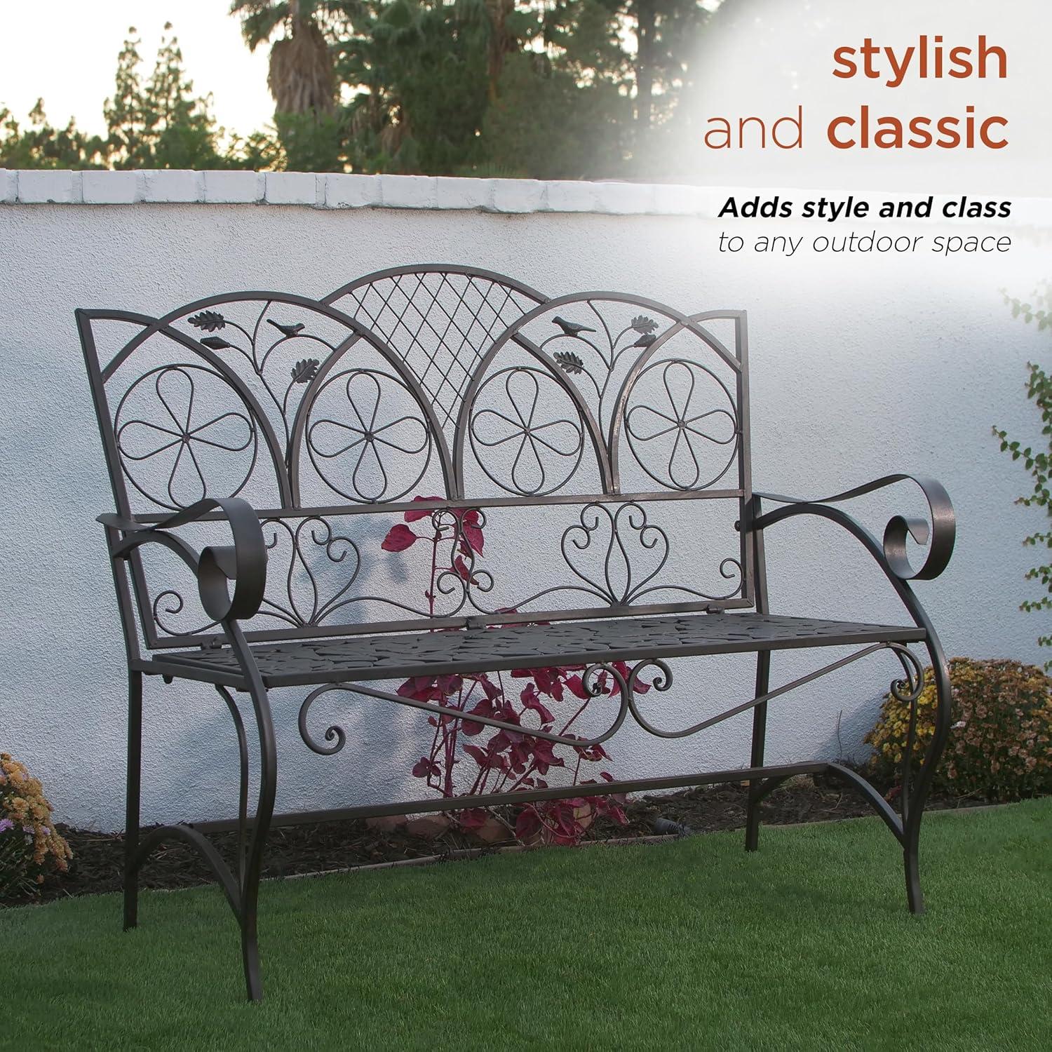 38" x 45" Iron Birds and Leaves Outdoor Garden Bench Brown - Alpine Corporation: Weatherproof, Decorative Yard Seating