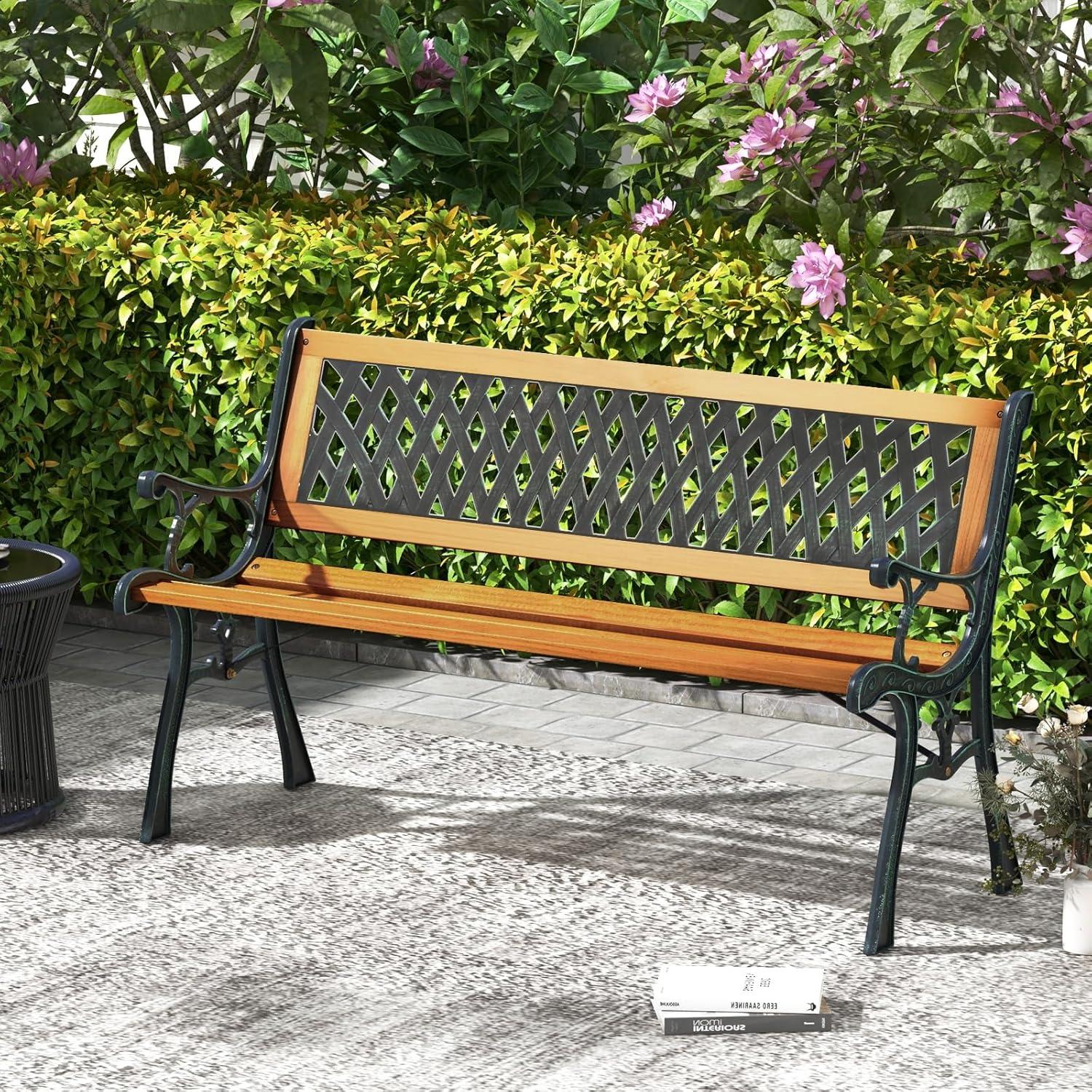 Natural Hardwood and Black Cast Iron Outdoor Garden Bench