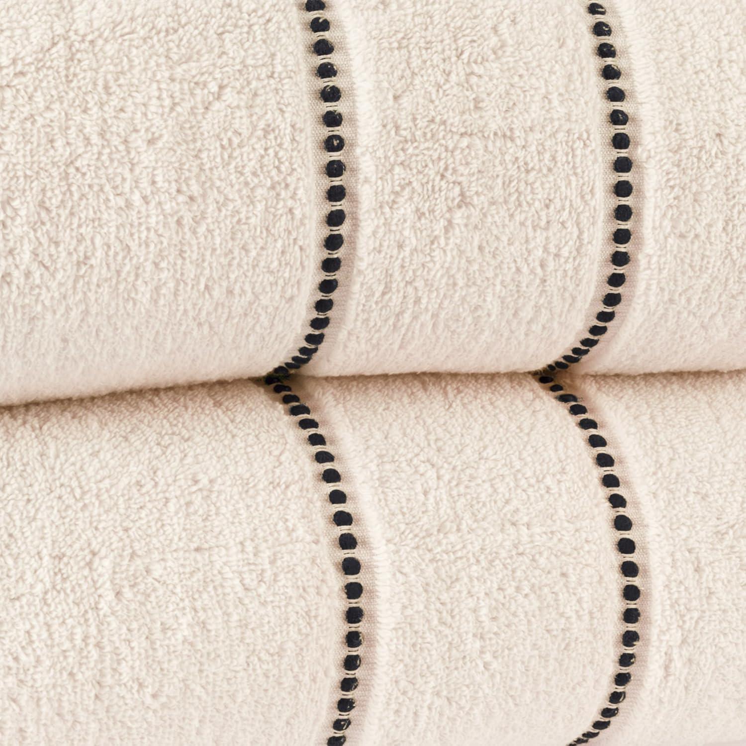 Ivory Oversized Cotton Bath Towels with Beaded Border, Set of 2