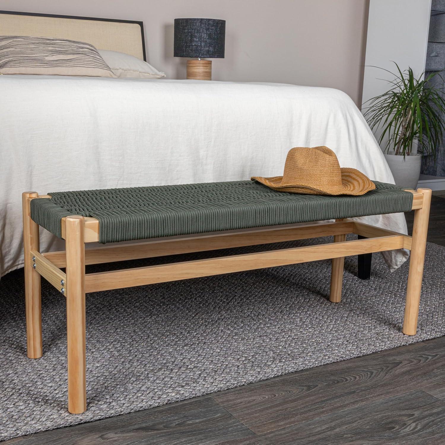 Storied Home Fernway Solid Wood and Woven Rope Entryway Bench Moss Green: Pine Frame, Cotton Upholstery