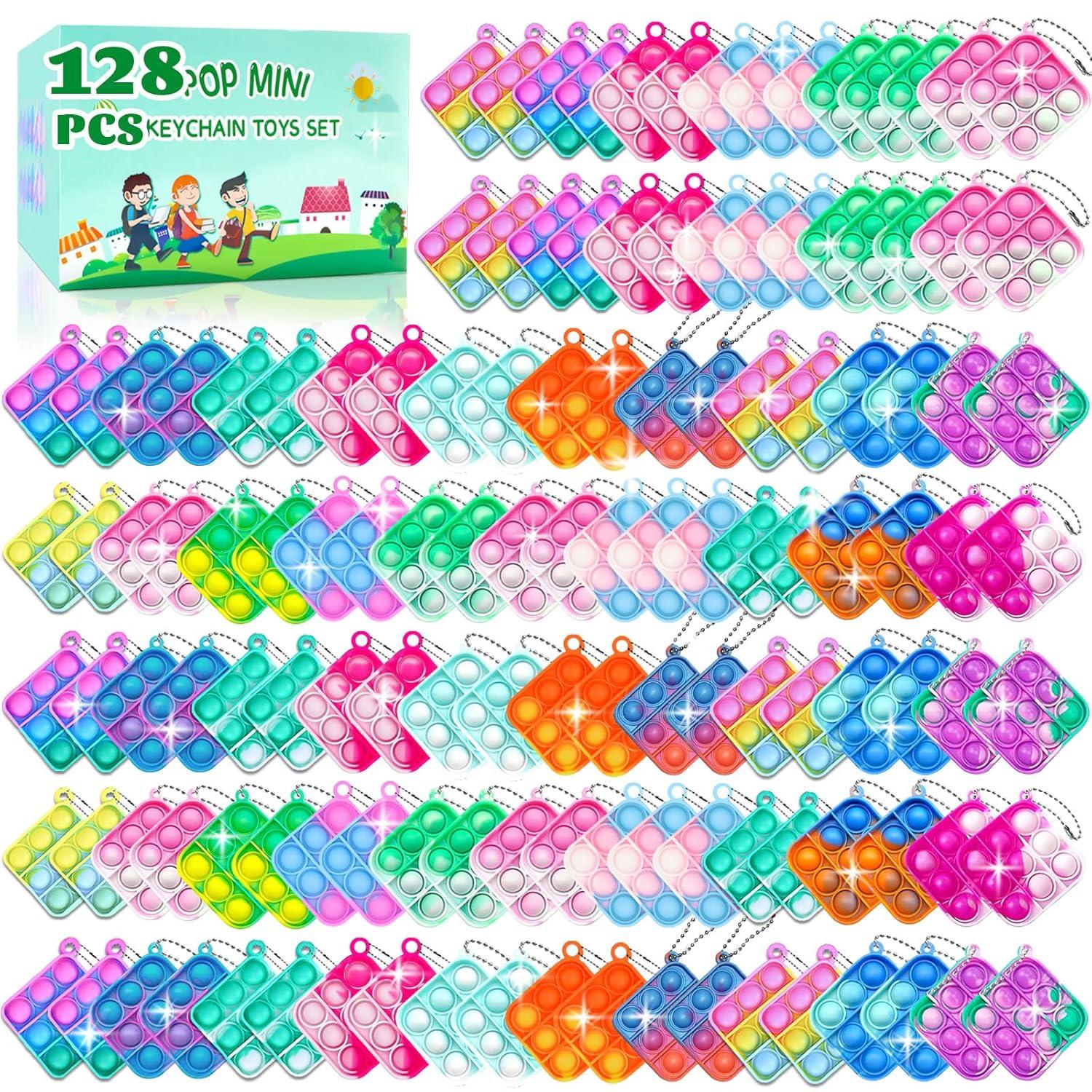 128 Pcs Party Favors Fidget Toys Bulk for Kids 6-8 Fidgets Packs Sensory Stress Bauble Mini Push Pop Keychain Treasure Box Classroom Prizes for Boy Girl Adult Easter Eggs Fillers