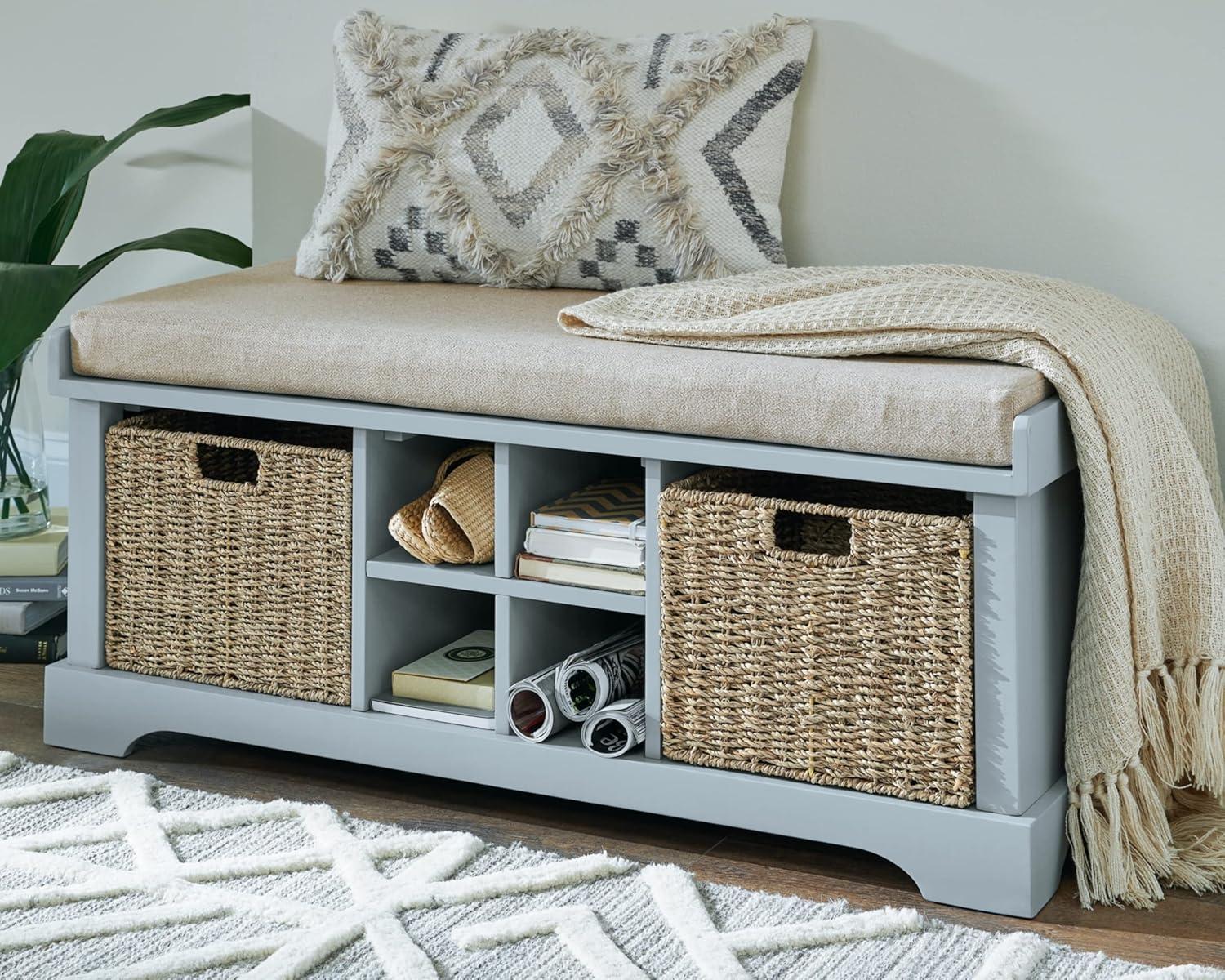 Beige and Gray Transitional Storage Bench with Wicker Baskets