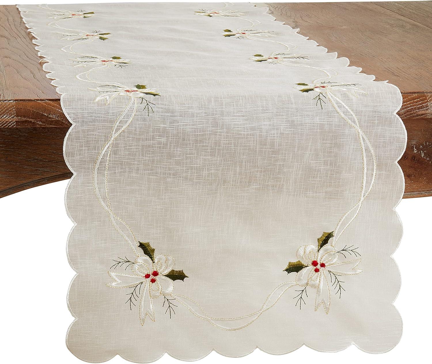 Saro Lifestyle Table Runner With Embroidered Holly and Ribbon Design