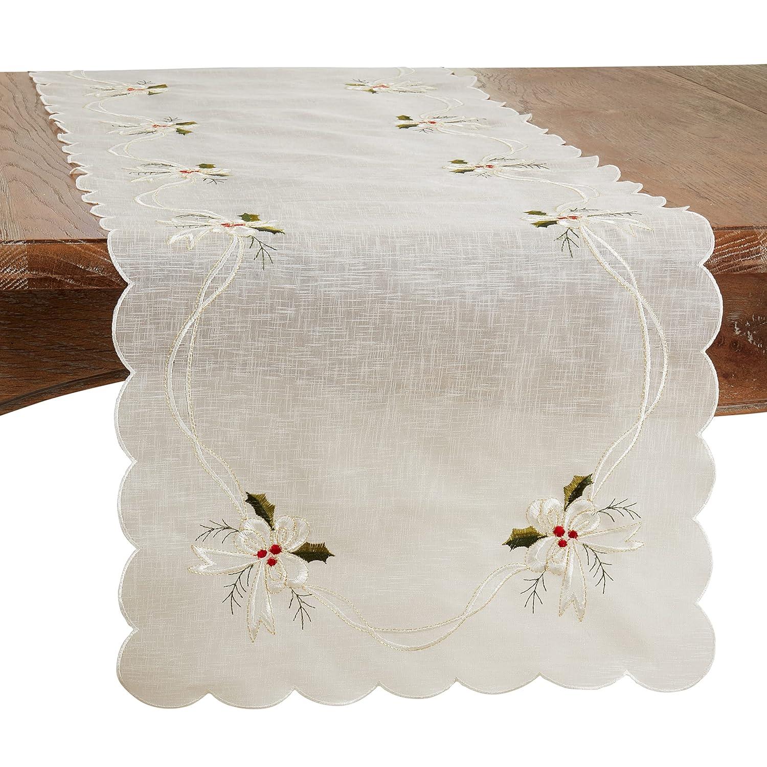 Saro Runner_Holly And Ribbon Design Embroidered Table Runner