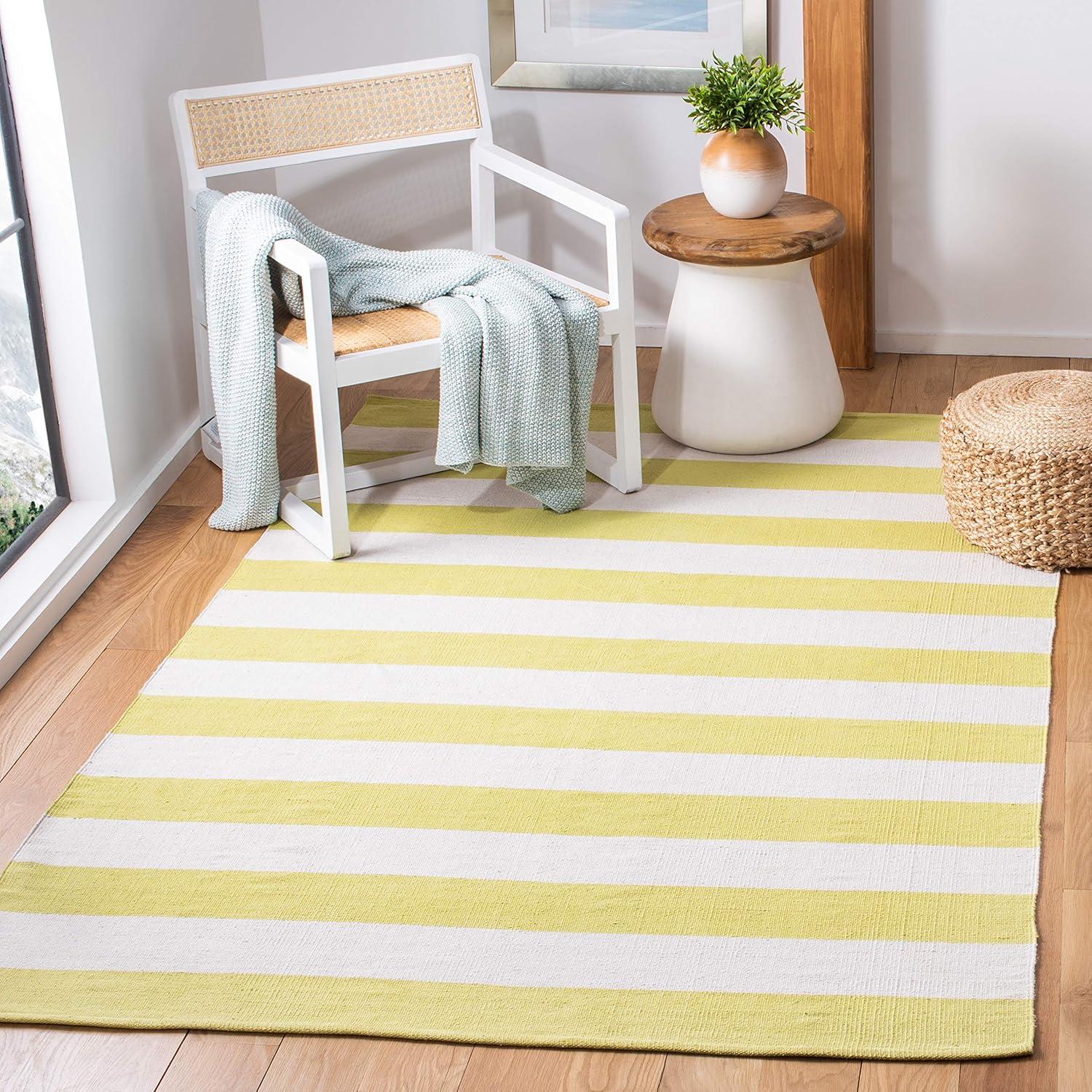 Ivory and Green Handwoven Cotton Striped Area Rug