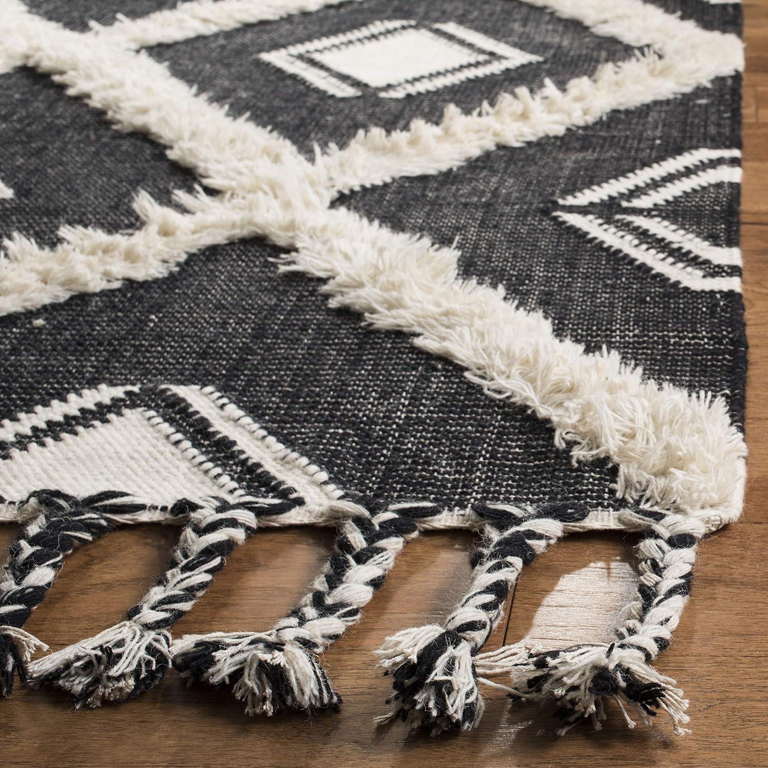 Handmade Black and Ivory Wool Cotton 8' x 10' Area Rug