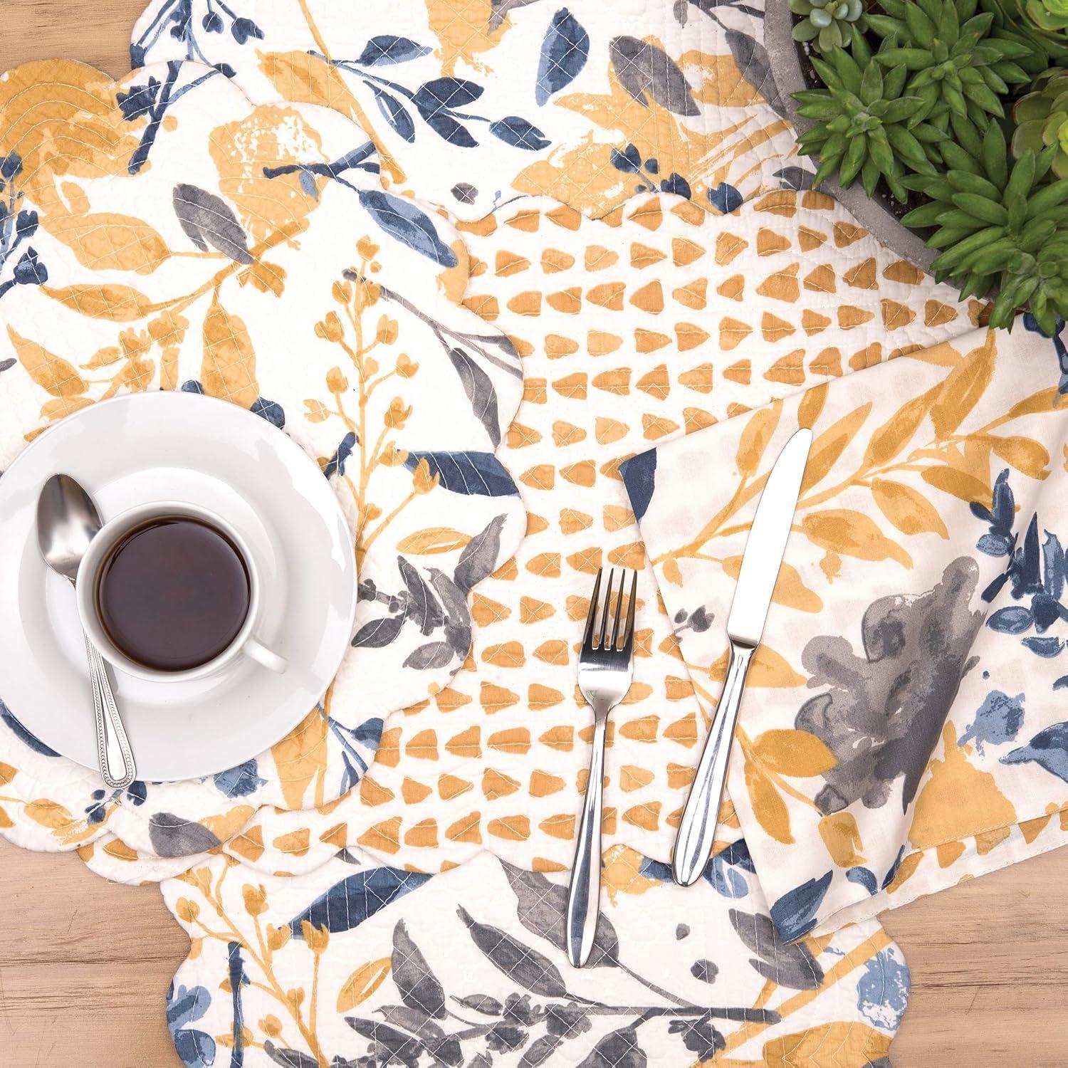 Natural Cotton Quilted Floral Rectangular Placemats in Yellow and Blue