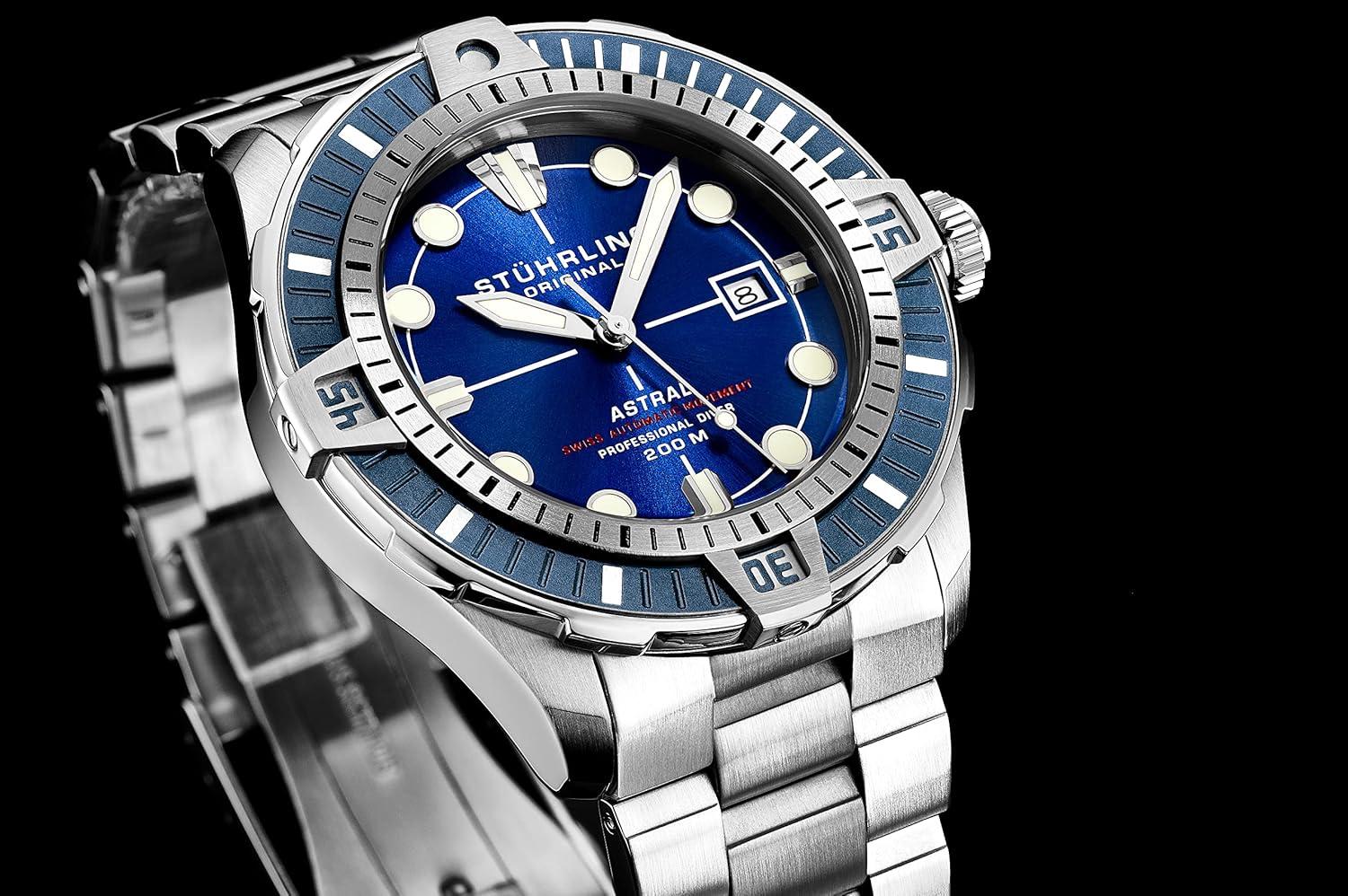 Stuhrling Mens Dive Watch with Swiss Automatic Movement Stainless Steel Case and Bracelet Screw Down Crown Water Resistant to 200 Meters