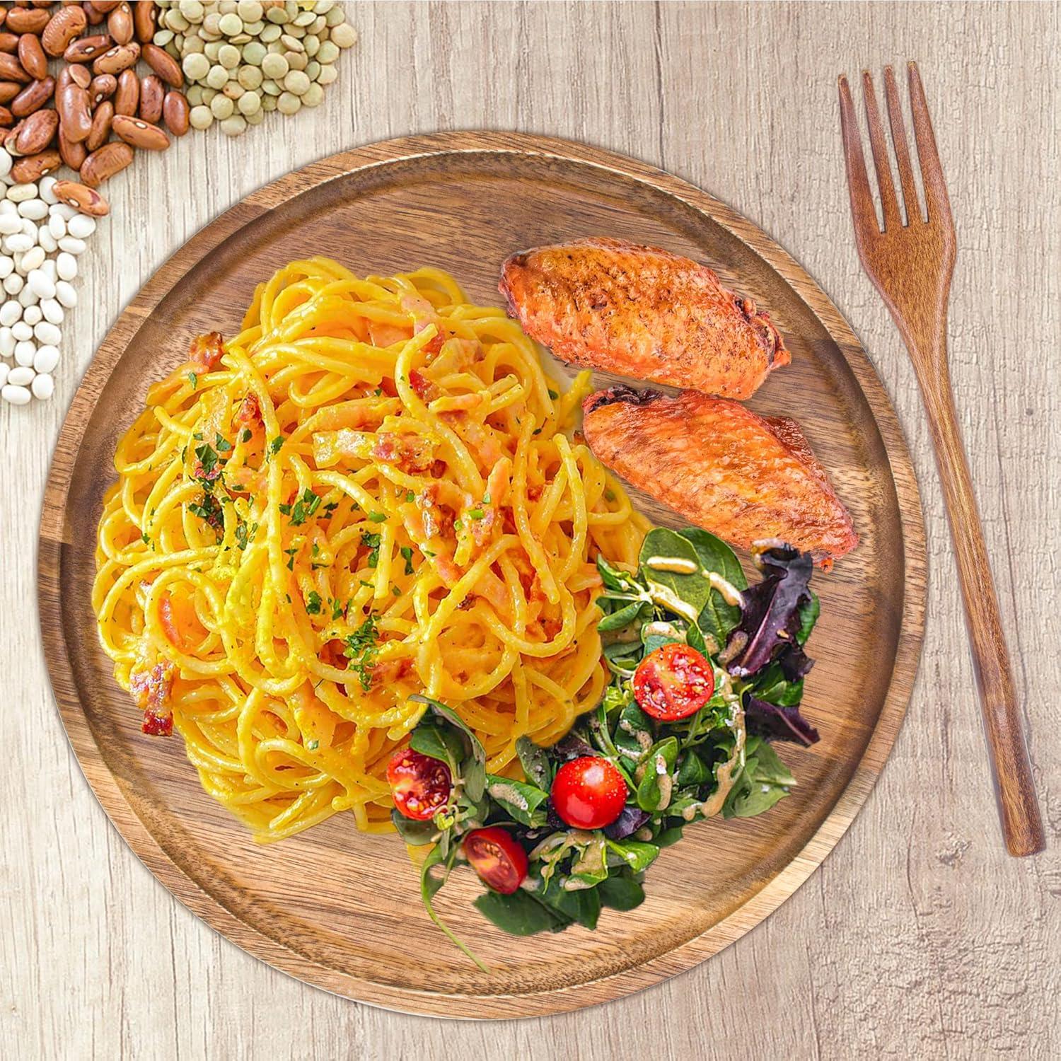 Wooden Plates, Wood Dinner Plates with Forks, Reusable Handmade Natural Wood Flatware Set for Cooking, Eating, Housewarming(Set of 4, Large 11" x 11")