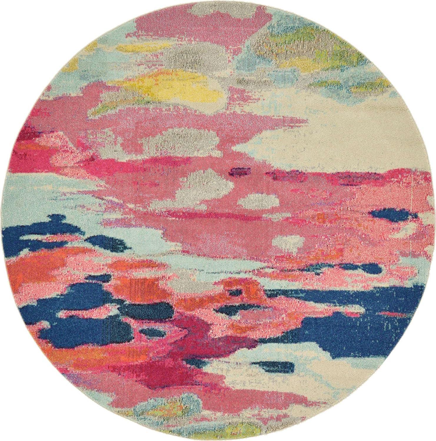 Vibrant Abstract Round Synthetic Rug in Pink & Blue, 6ft