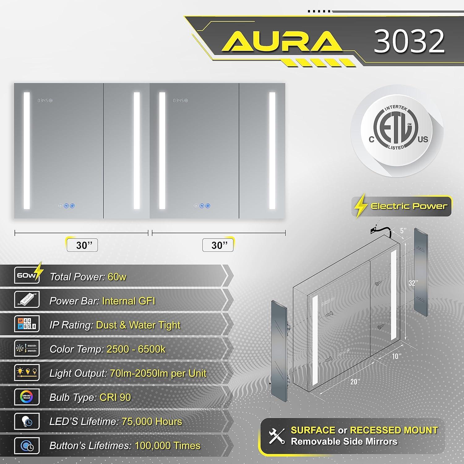 Aura 30x30 Silver Aluminum LED Medicine Cabinet with Dual Swing Doors