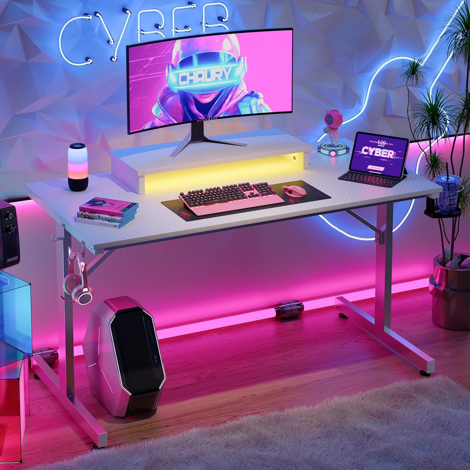 42'' White Modern Gaming Desk with LED Lights and Monitor Stand