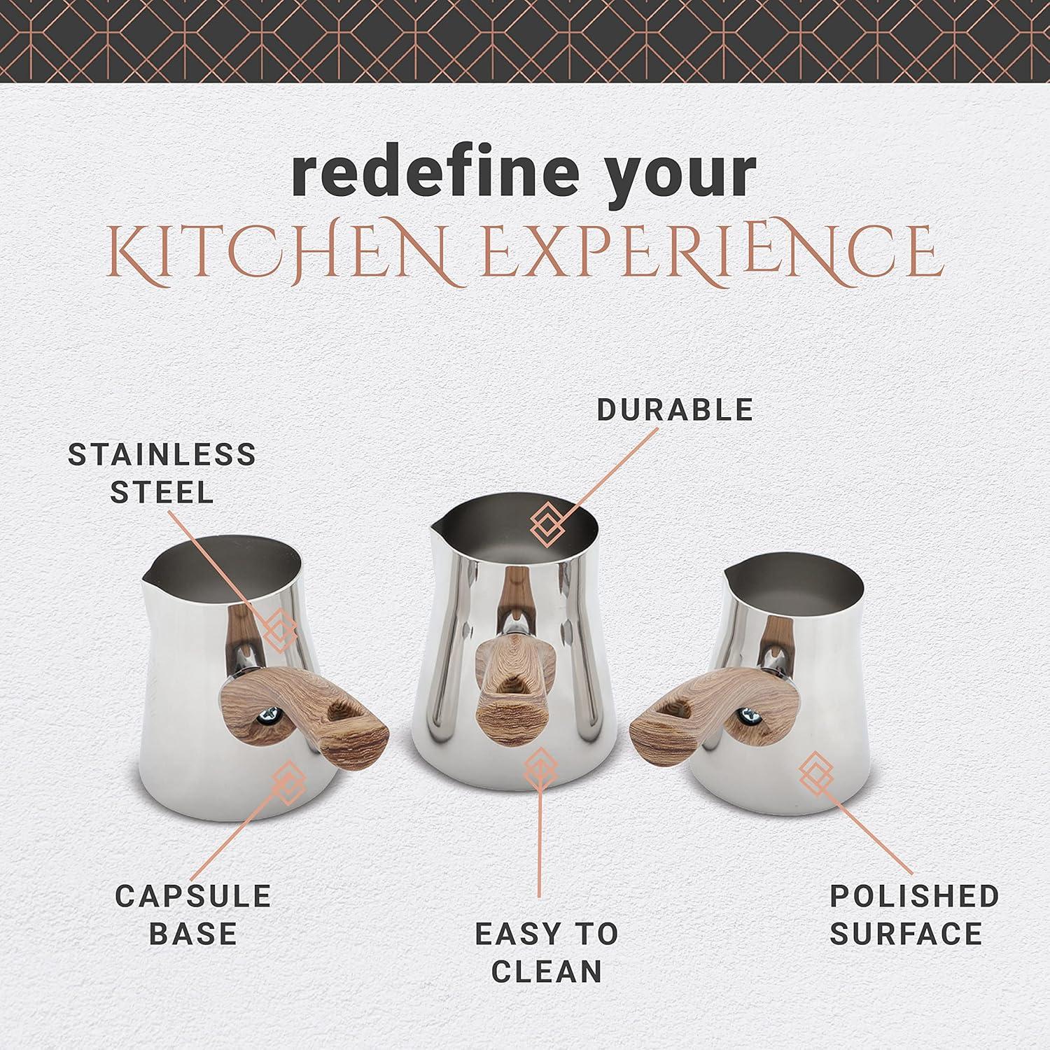 Serenk Turkish Coffee Pot Set, 4-Piece Stainless Steel w/Stand, 2-4 Cup Sizes, 18/10 Steel, Gas Stove Compatible