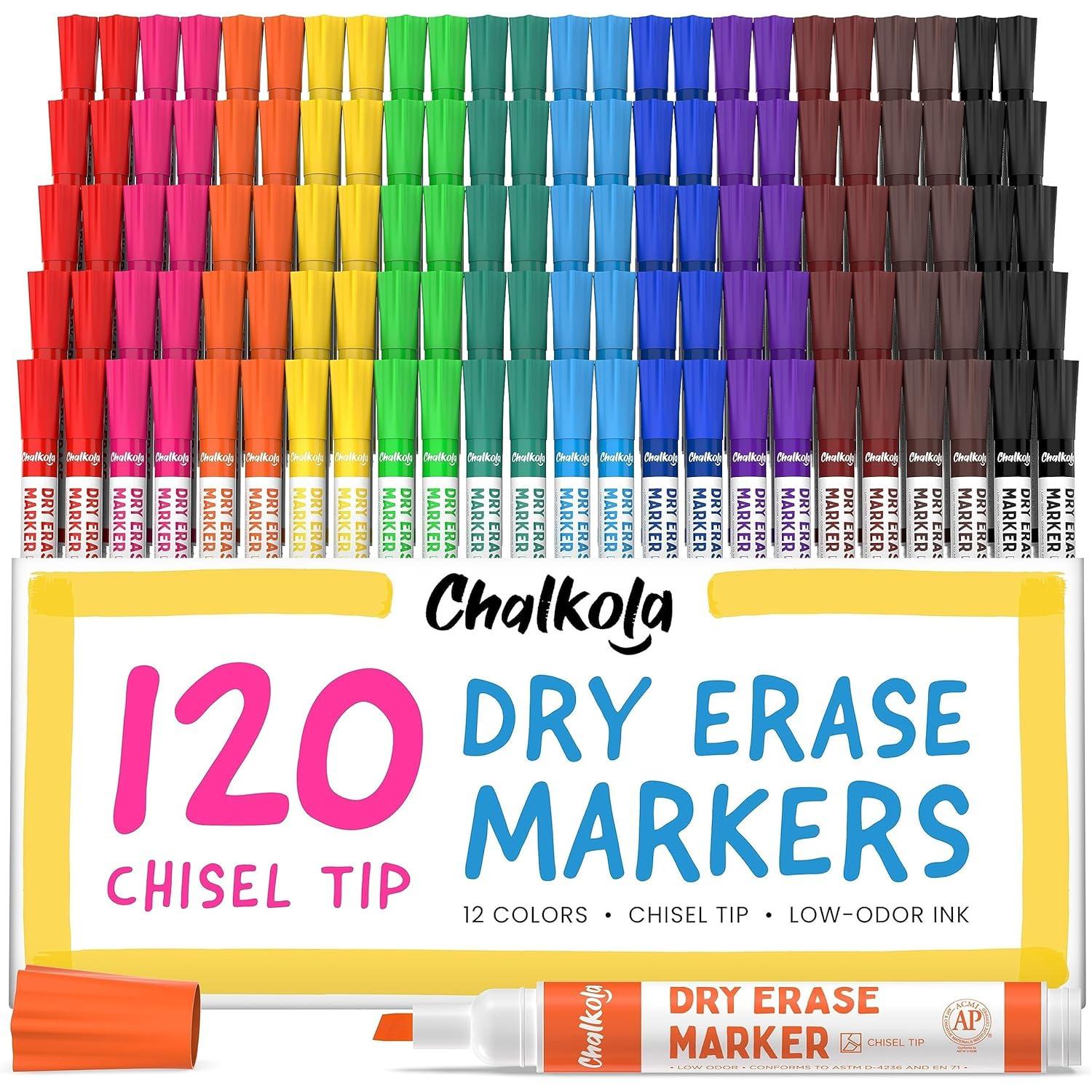 Chalkola Bulk Dry Erase Markers for Classroom (120 Pack, 12 Vibrant Colors) | Erasable, Low Odor, Chisel Tip WhiteBoard Markers, Dry Erase Pens for Kids, Teachers - Office, Home, School Supplies