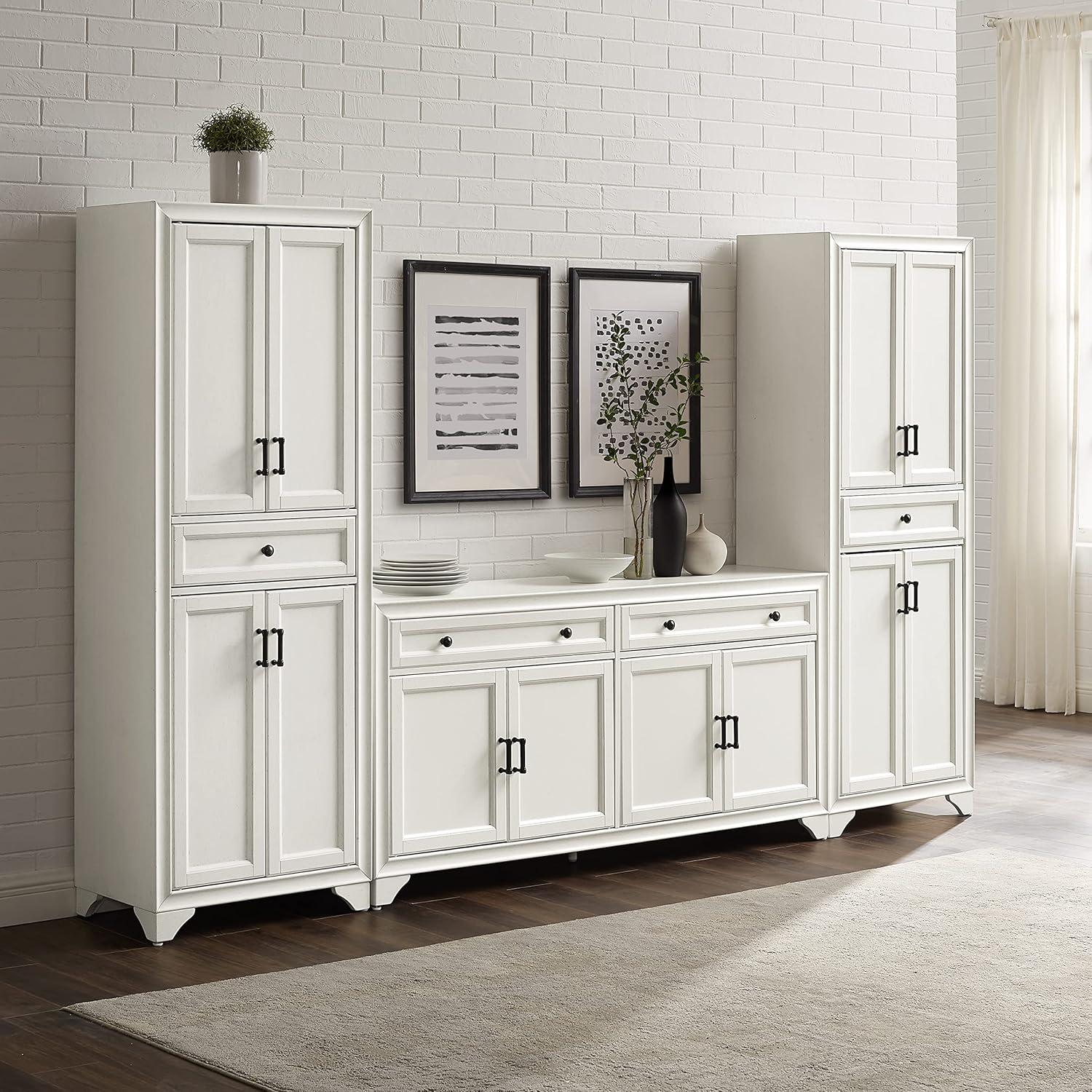 3pc Tara Sideboard and Pantry Set Distressed White - Crosley: Kitchen Storage, Adjustable Shelves, MDF