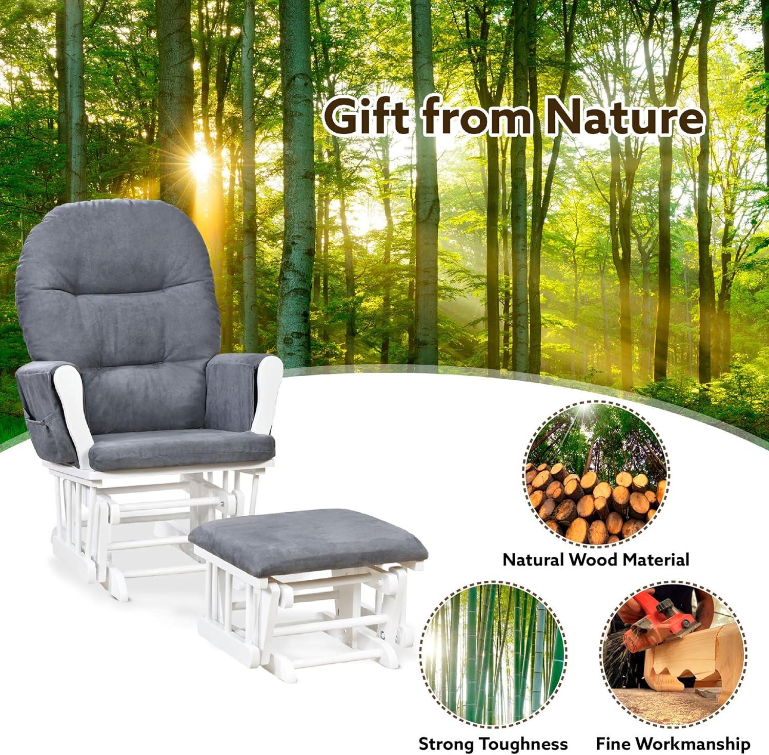 Nursery Glider & Ottoman Sets, Reclining Swivel Glider Rocker with Ottoman, Nursery Rocking Chair for Baby Room, Upholstered Nursery Recliner Glider with Ottoman, Padded Arms - Dark Gray, White