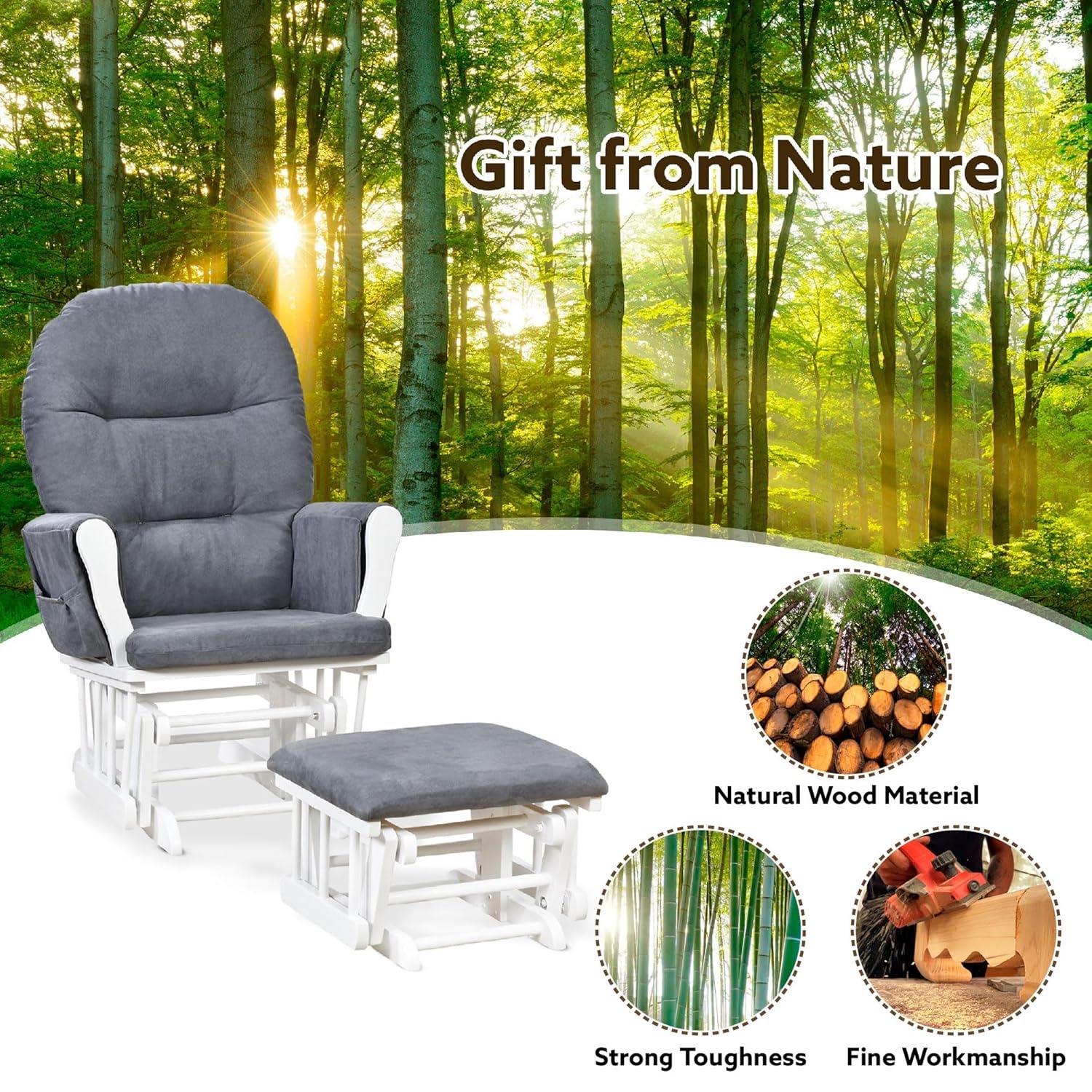 Nursery Glider & Ottoman Sets, Reclining Swivel Glider Rocker with Ottoman, Nursery Rocking Chair for Baby Room, Upholstered Nursery Recliner Glider with Ottoman, Padded Arms - Dark Gray, White