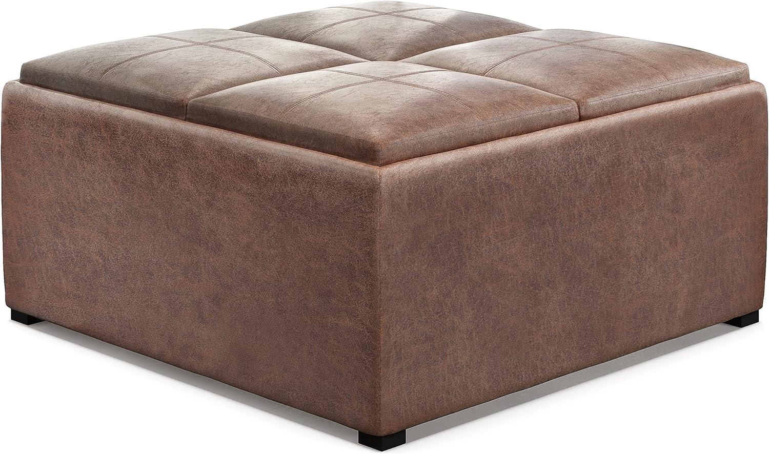 Avalon 35" Distressed Umber Brown Faux Leather Square Storage Ottoman