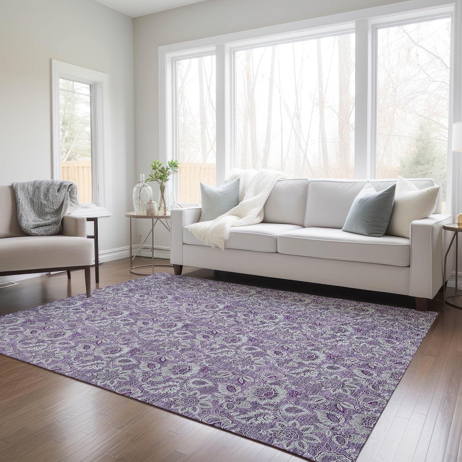 Purple Floral Machine Washable Indoor Outdoor Area Rug 3' x 5'