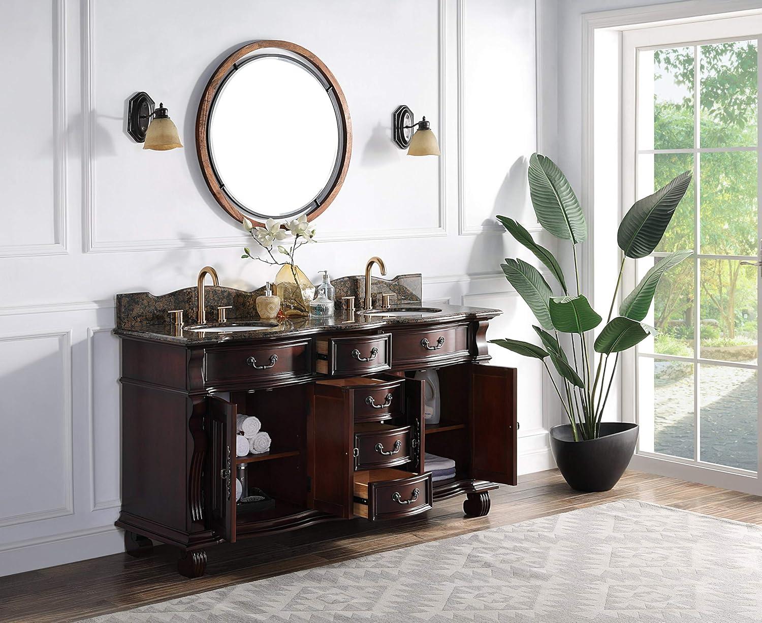 64" Cherry Wood Double Sink Vanity with Baltic Brown Granite Top