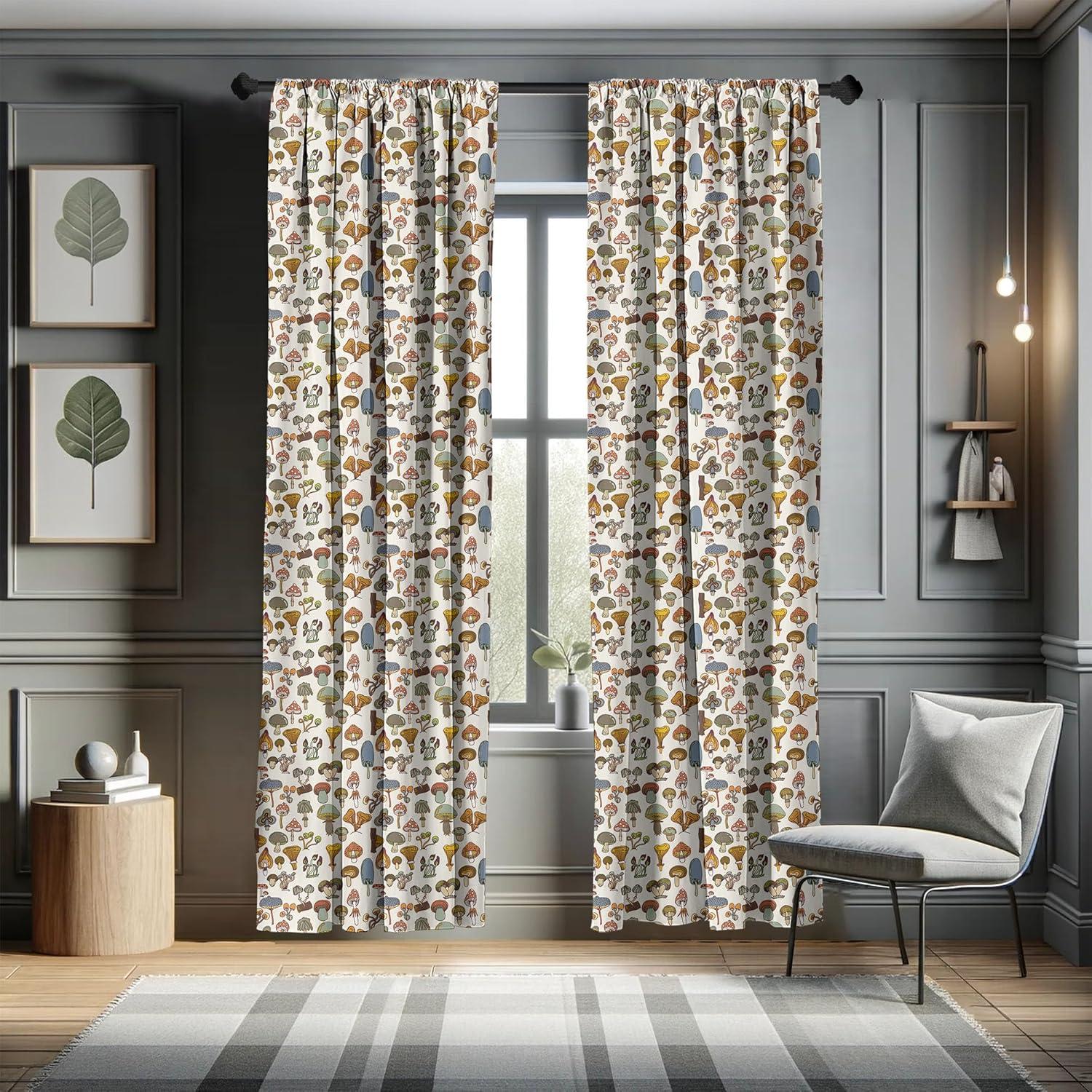 Ambesonne Colorful Curtains, Cartoon Mushroom Pattern, Pair of 28"x84", Multicolor