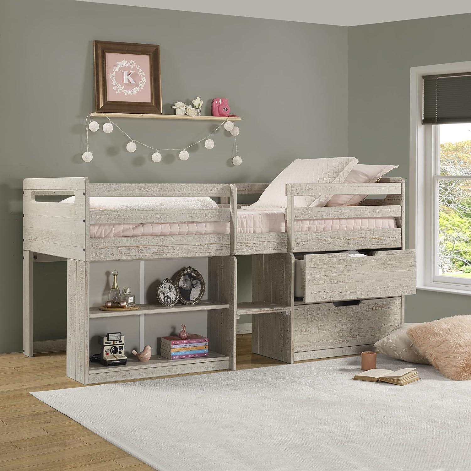 Twin Light Grey Pine Wood Loft Bed with Storage Drawers