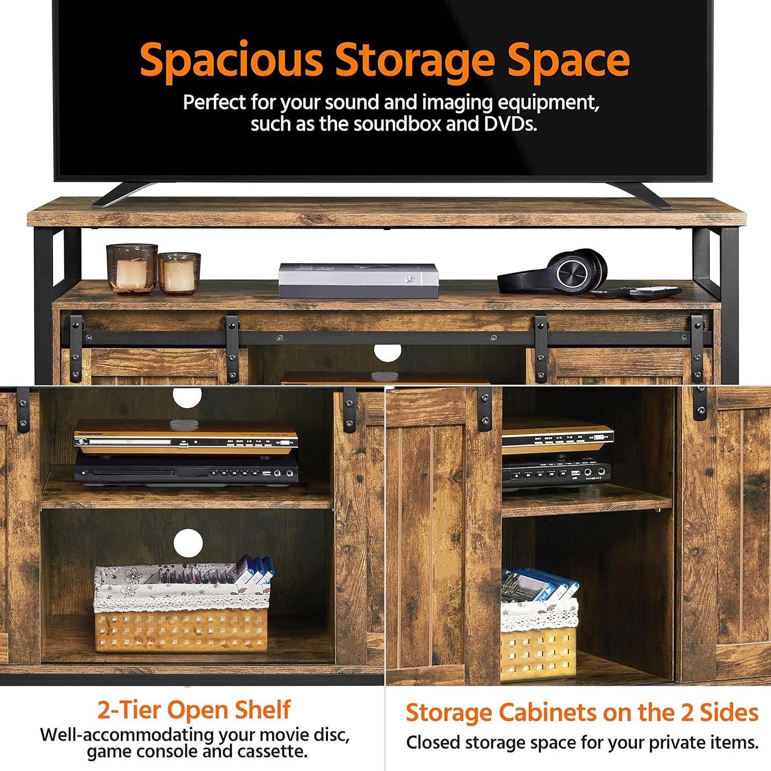 Alden Design Industrial Wooden Television Stand with Sliding Barn Doors for TVs up to 65in, Rustic Brown