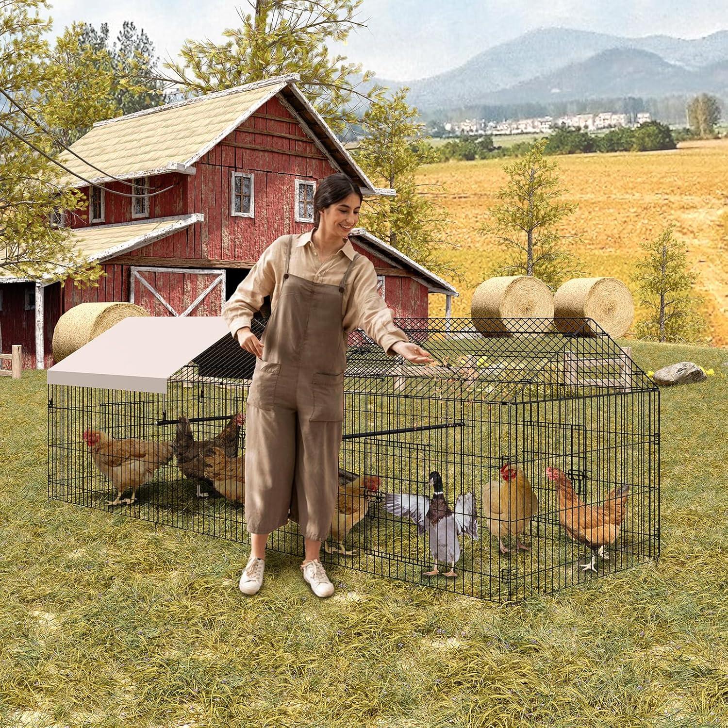 SINGES Large Metal Chicken Coop, 130''x40'' Chicken Cage Hen House with Waterproof Cover