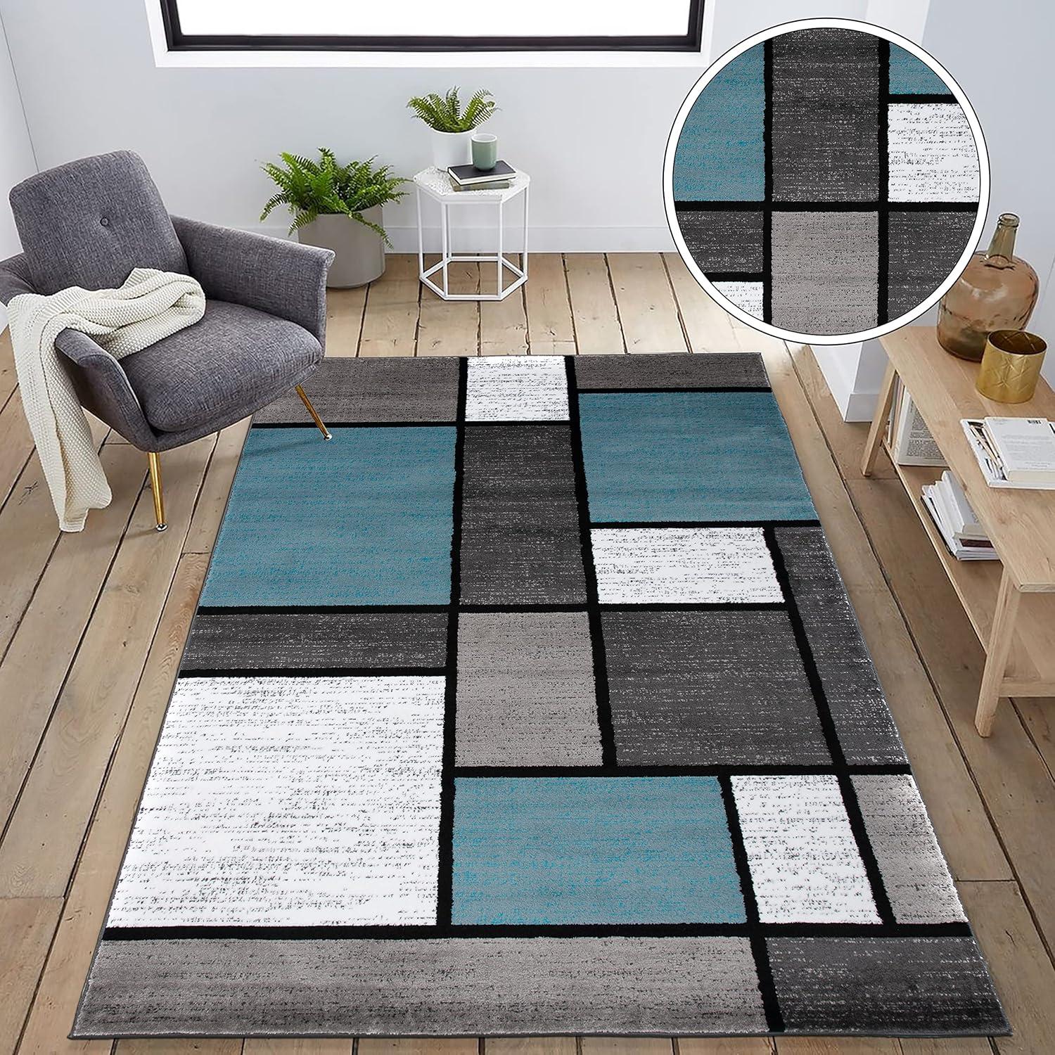 Modern Geometric Blue and Gray Easy-Care Synthetic Area Rug, 5' x 7'