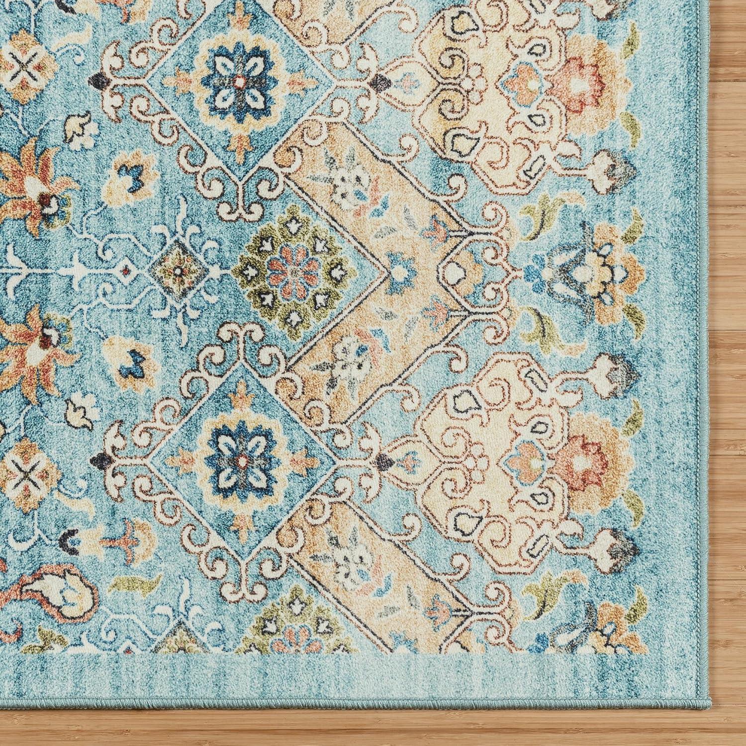 Gertmenian Crystal Print Tanis Sage Aqua Cream Multi Moroccan Bohemian Polyester Washable Flat Pile Indoor Area Rug