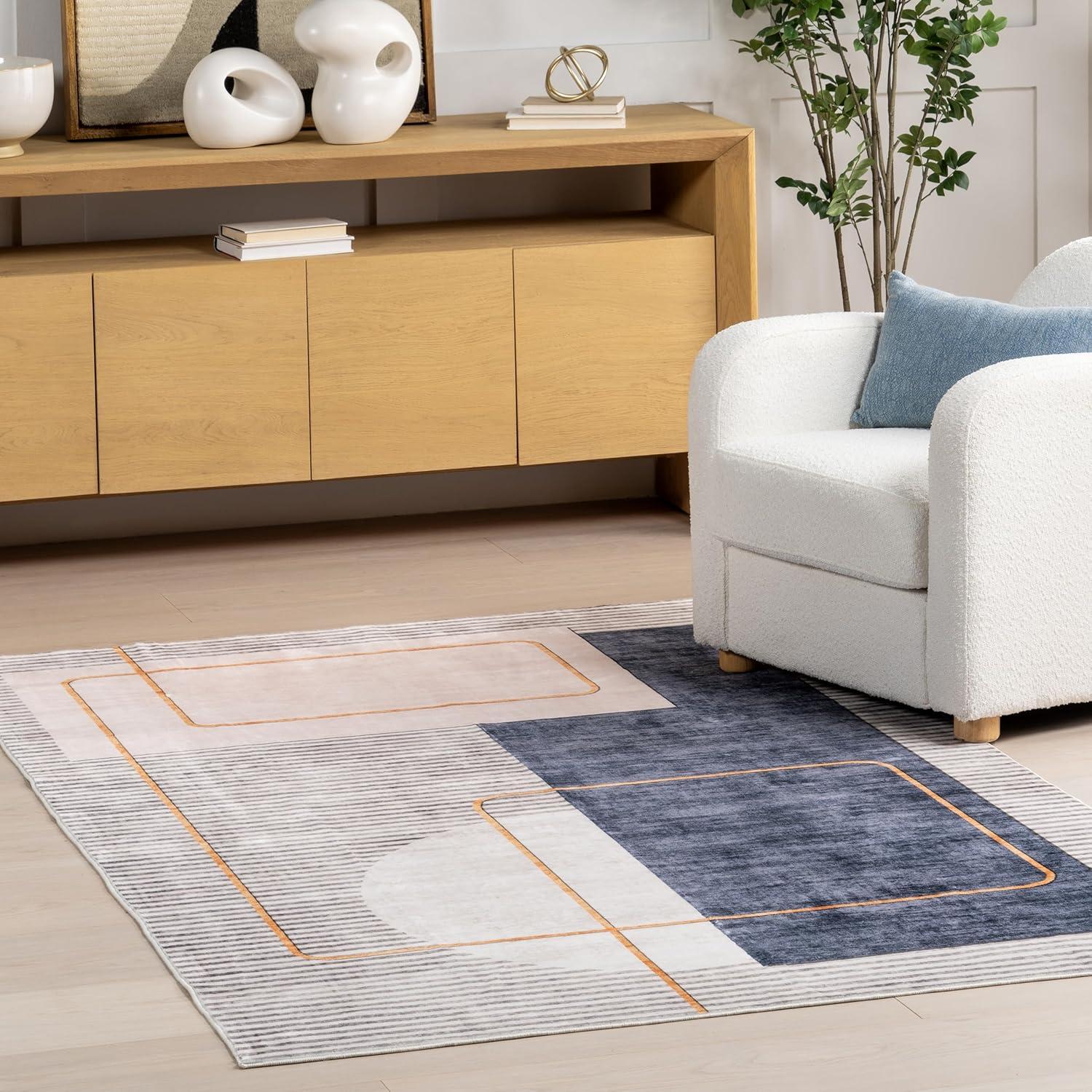 Modern Abstract Blue and Beige Washable Area Rug