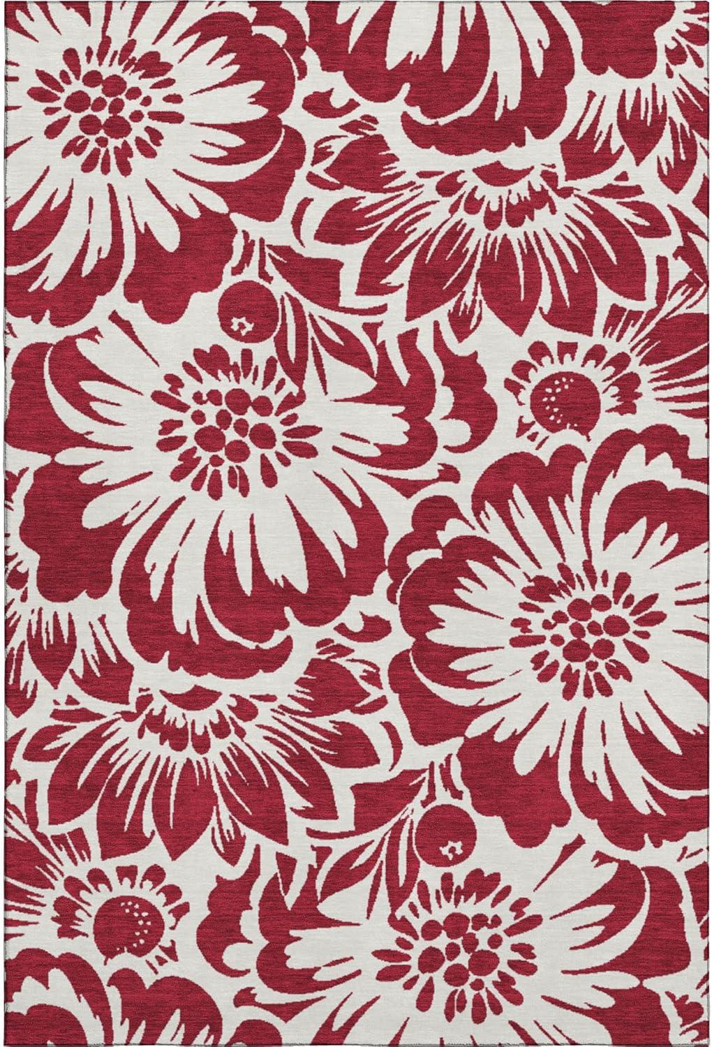 Burgundy Floral Rectangular Washable Synthetic Rug 3' x 5'