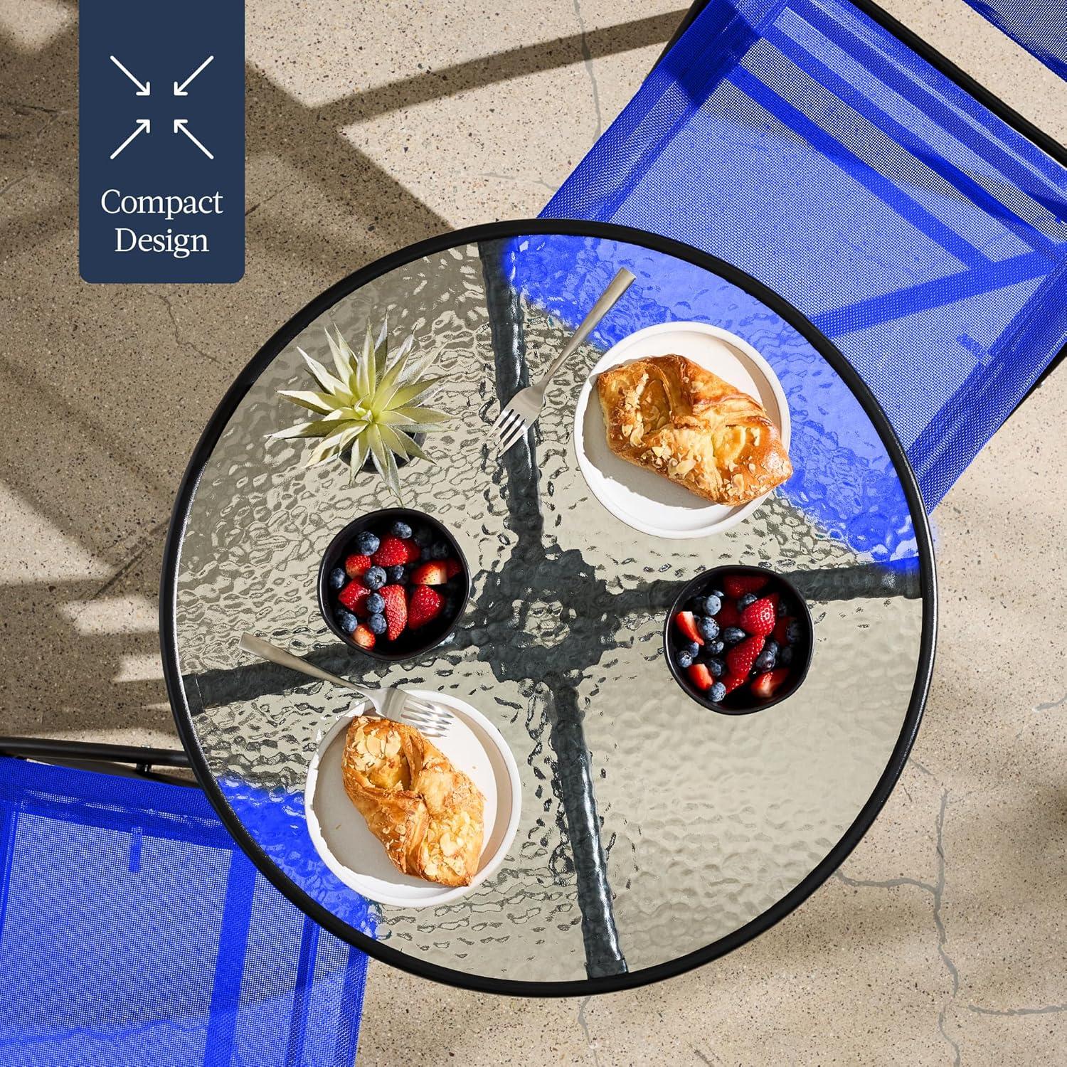 George Oliver 3-Piece Patio Bistro Dining Furniture Set W/ Glass Tabletop, Folding Chairs