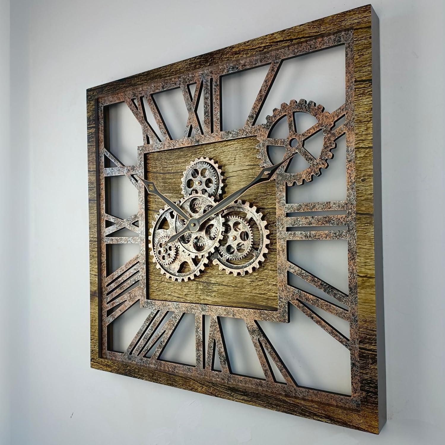 THE GEARS CLOCK Wall Clock with Real Moving Gears AM-LI_ 24 in Square Gold-Antique