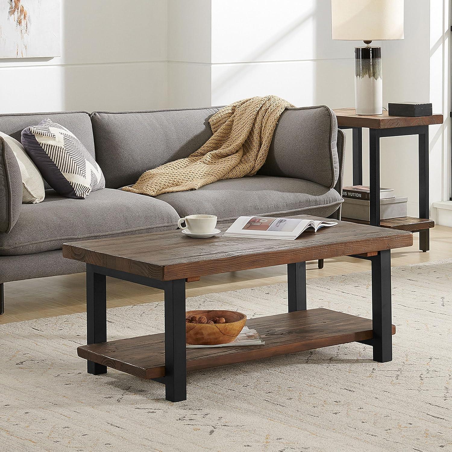 Alaterre Furniture 42" Pomona Wide Coffee Table Wood Rustic Natural: Fixed Shelf, Metal Frame, Living Room Furniture