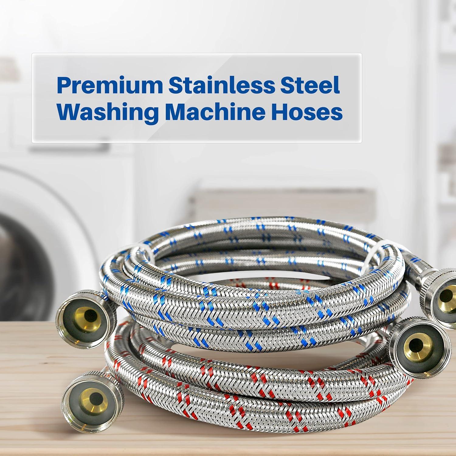 K&J Premium 4ft Stainless Steel Washing Machine Hoses Burst Proof 2 Pack - Hot and Cold Water Supply Hoses for Washing Machines