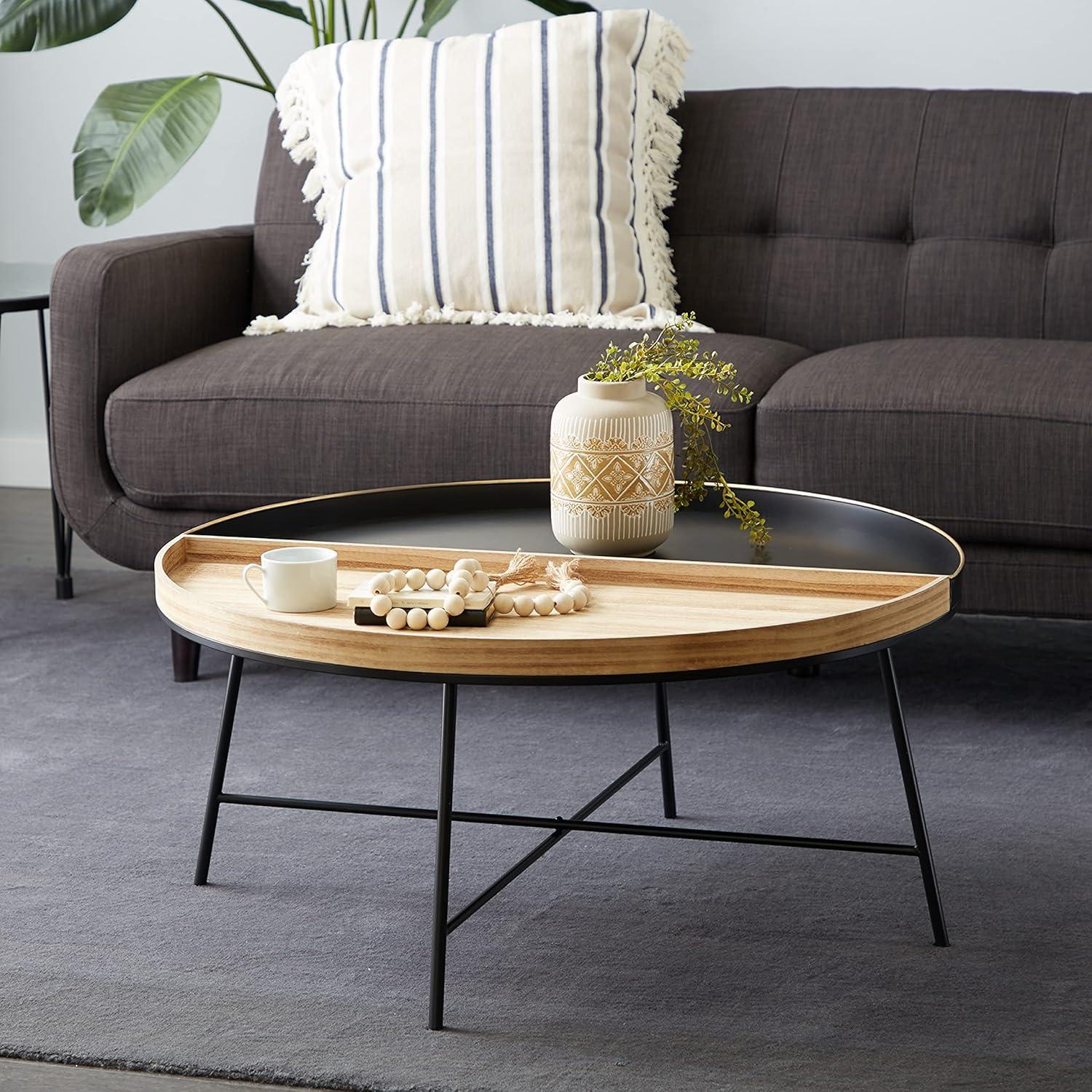 Modern Elegance Round 38" Wood & Black Metal Coffee Table