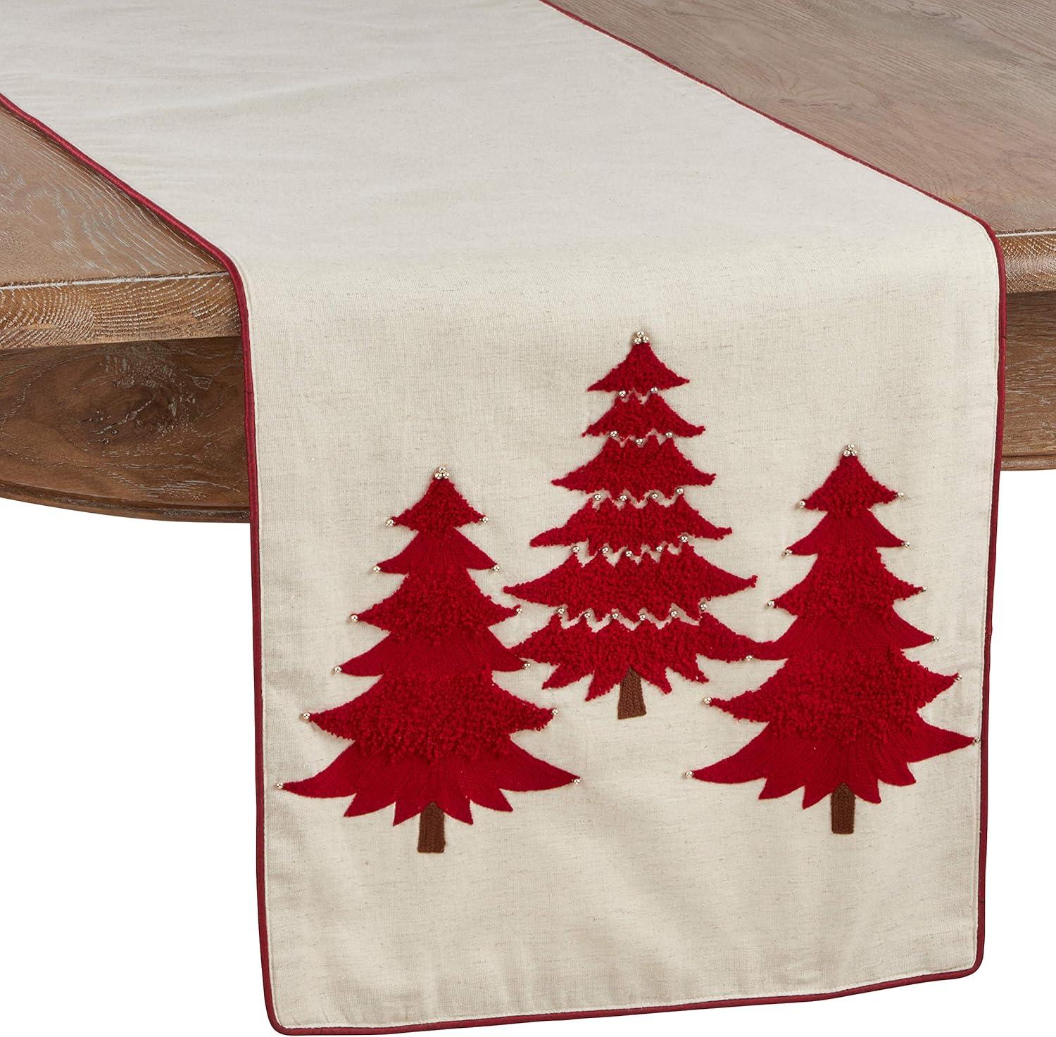Saro Lifestyle Embroidered Christmas Tree Dining Table Runner, 16"x72", Red