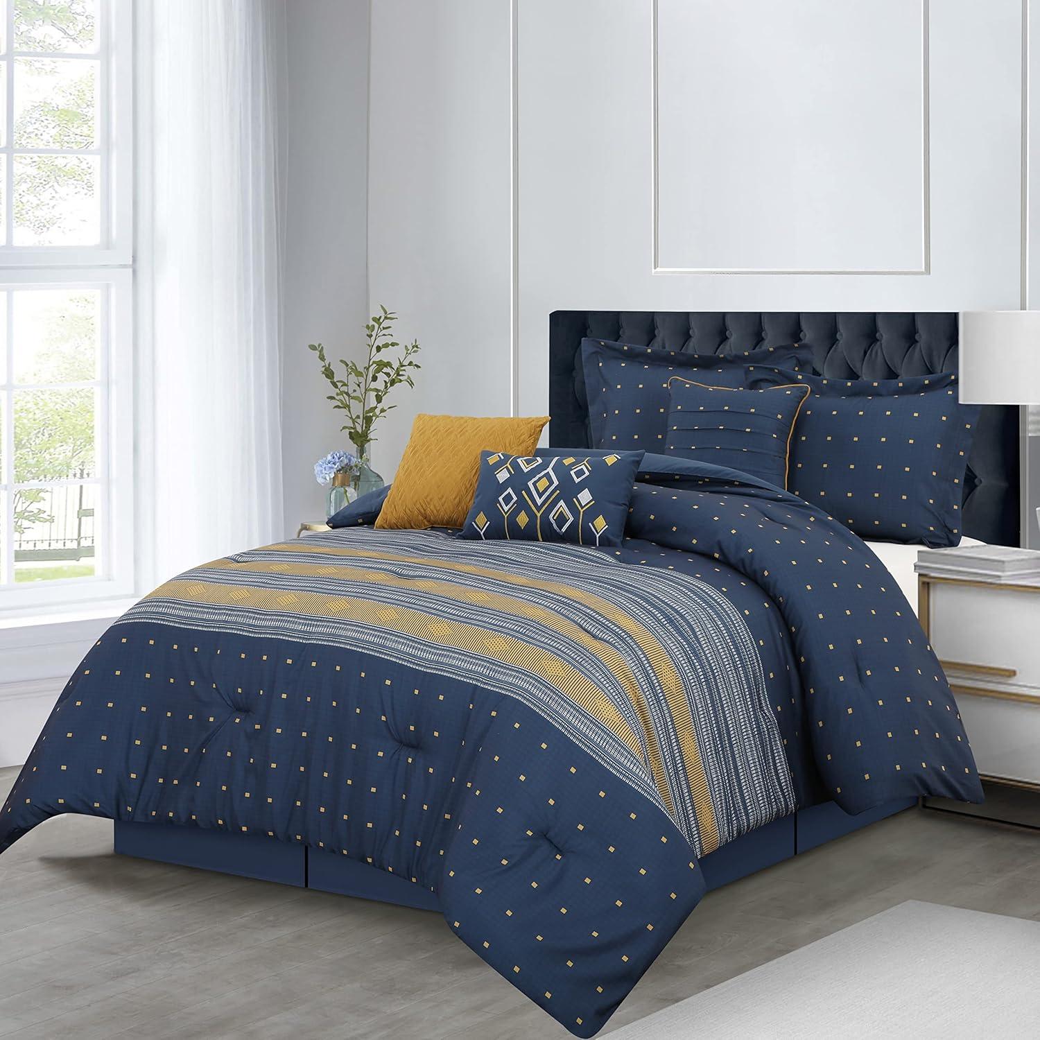 Nanshing Zahra 7 Piece Boho Geometric Comforter Set, Navy, Queen