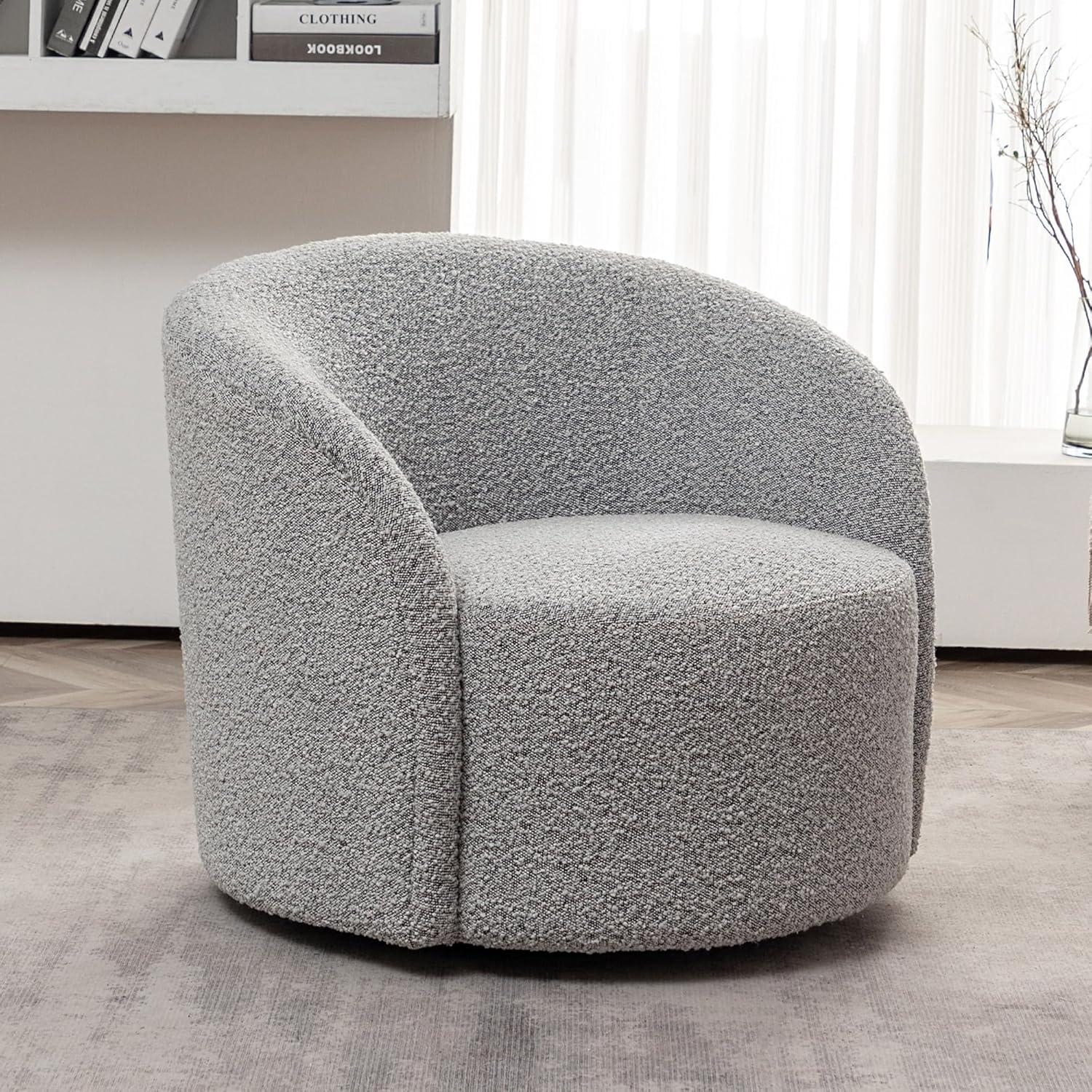 34'' Wide Gray Boucle Upholstered Swivel Barrel Chair