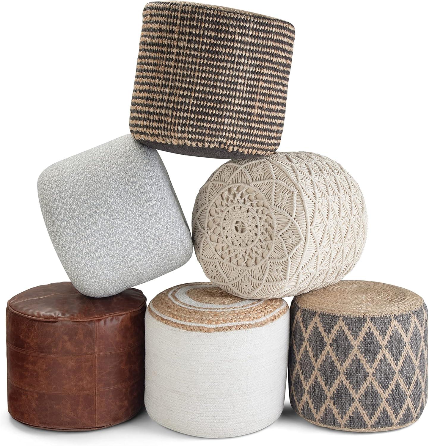 SIMPLIHOME Bayley Boho Round Braided Pouf in Blue, Natural Cotton for the Living Room, Bedroom and Kids Room
